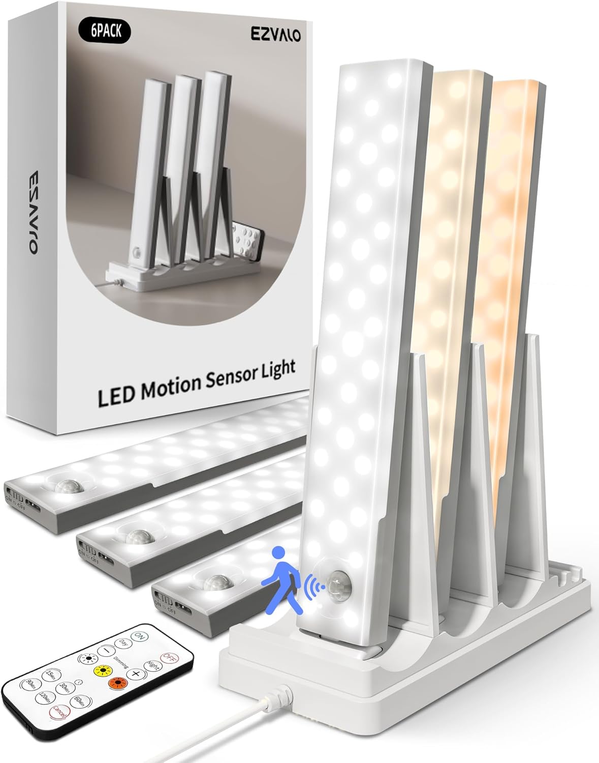 EZVALO 3-Pack Under Cabinet Lighting, 2000mAh Rechargeable Wireless Motion Sensor Lights, 62LEDs, 3 Color Temps, Dimmable, Timer, Magnetic, with Remote Control for Kitchen, Closet, Stair