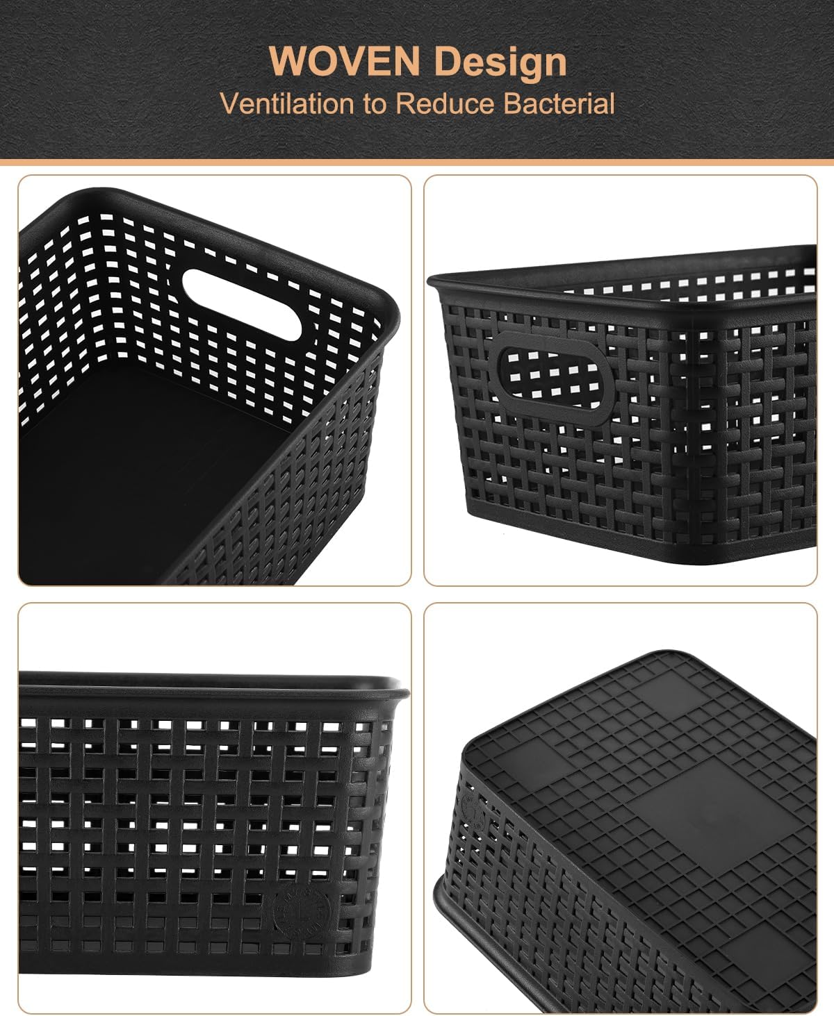 Storage Bins Plastic Storage Baskets With Lid Small Baskets for Organizing Stackable Storage Container Organizer Bins for Shelves Drawers Desktop Playroom Classroom Office, 6 Pack,Black