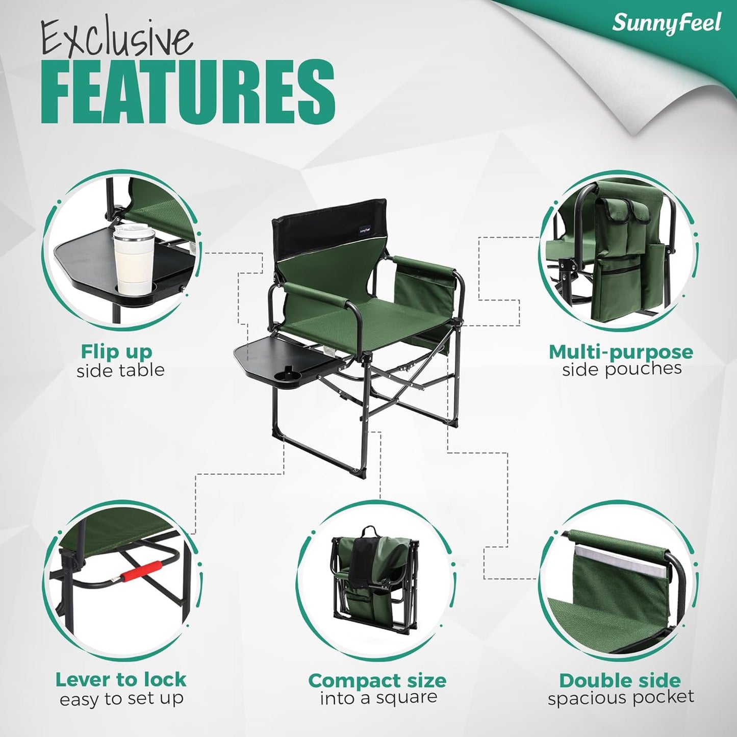 SUNNYFEEL Camping Directors Chair 2 Pack, Heavy Duty,Oversized Portable Folding Chair with Side Table, Pocket for Beach, Fishing,Trip,Picnic,Lawn,Concert Outdoor Foldable Camp Chairs
