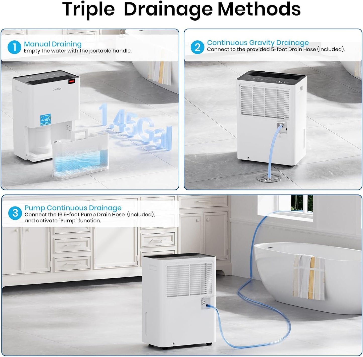 Gasbye Energy Star 2026 Dehumidifier with [𝗥𝗲𝗽𝗹𝗮𝗰𝗲𝗮𝗯𝗹𝗲 Pump] for Basement – [44dB Quiet, Easy to Clean & Clog-Free], Max 75 Pints/Day, 16.5ft Drain Hose, Auto Shut-Off, Auto Restart, White