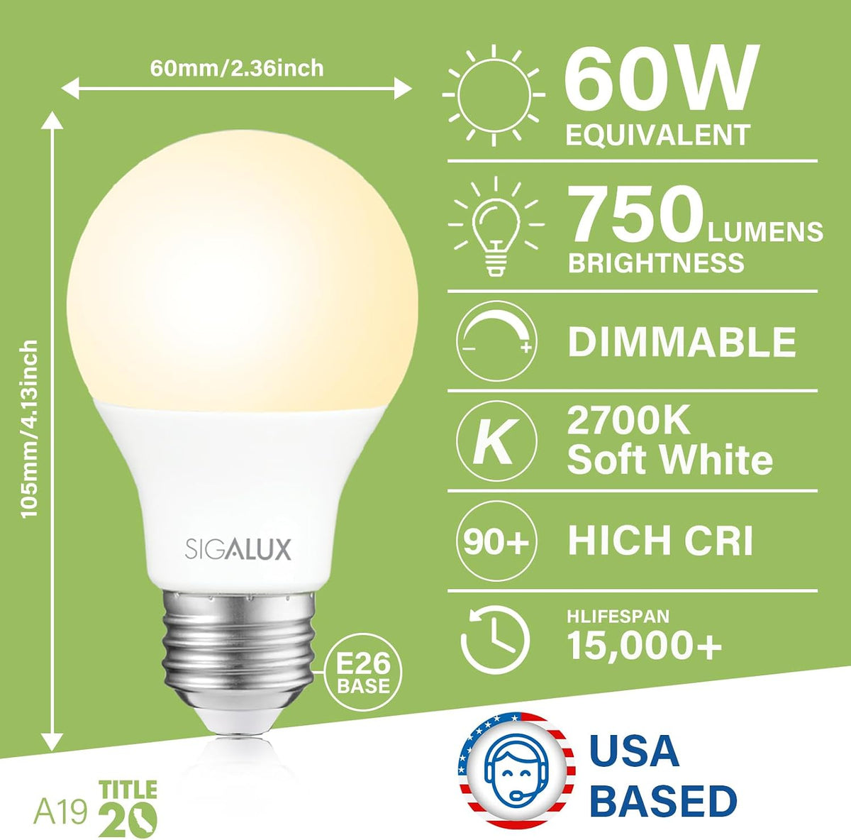 Sigalux EcoBright, T20 Compliant LED Light Bulbs 60 Watt Dimmable 2700K Warm Lightbulbs, Energy Efficient 8W Soft White A19 Standard Light Bulb E26,750 Lumens,10,000 Hour Lifetime,12 Packs