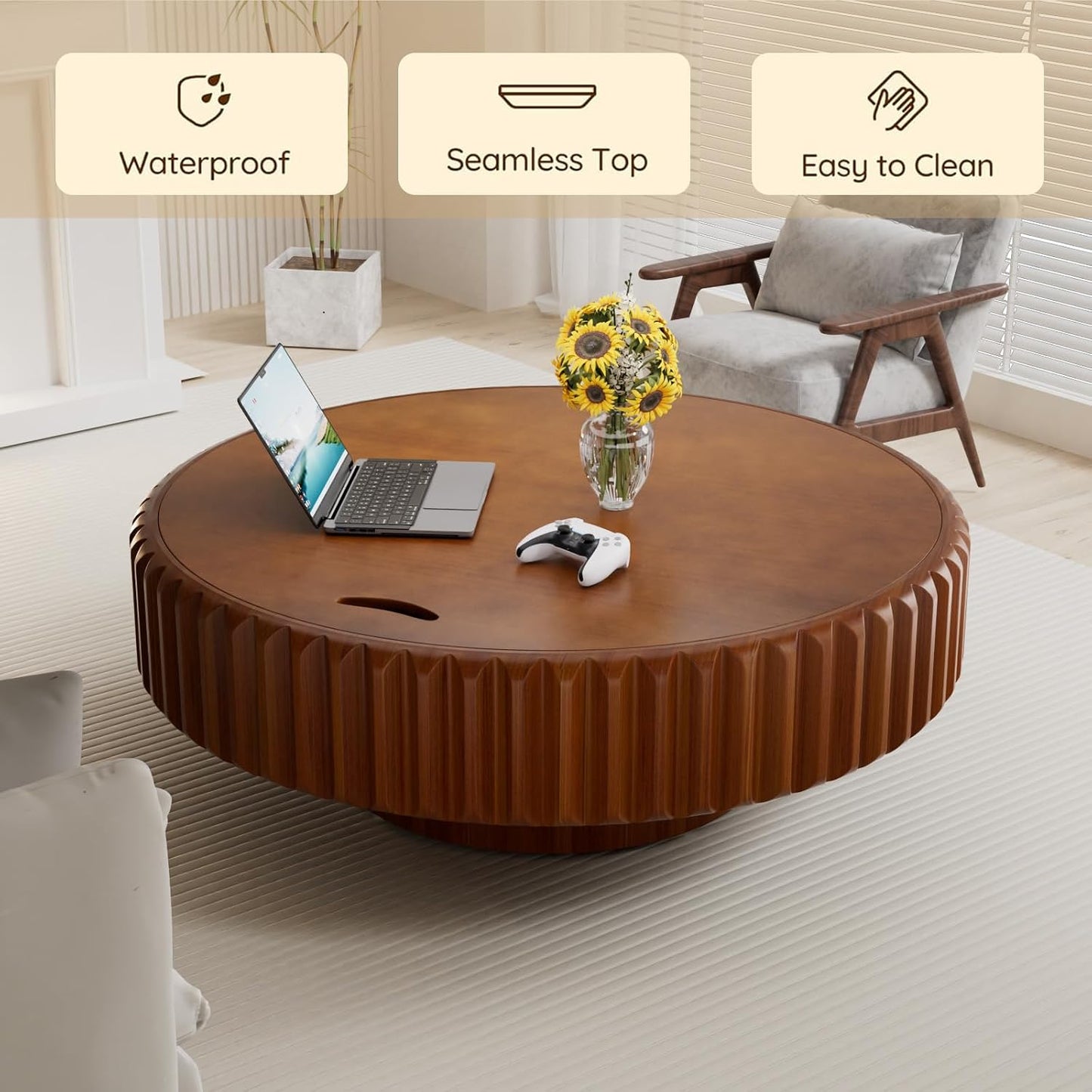 39.37'' Round Fluted Coffee Table with Storage (A39.37IN) | Handcrafted Wood Grooves, Wood Veneered Drum Center Table, Non-Slip Base, for Small Space Apartment Living Room