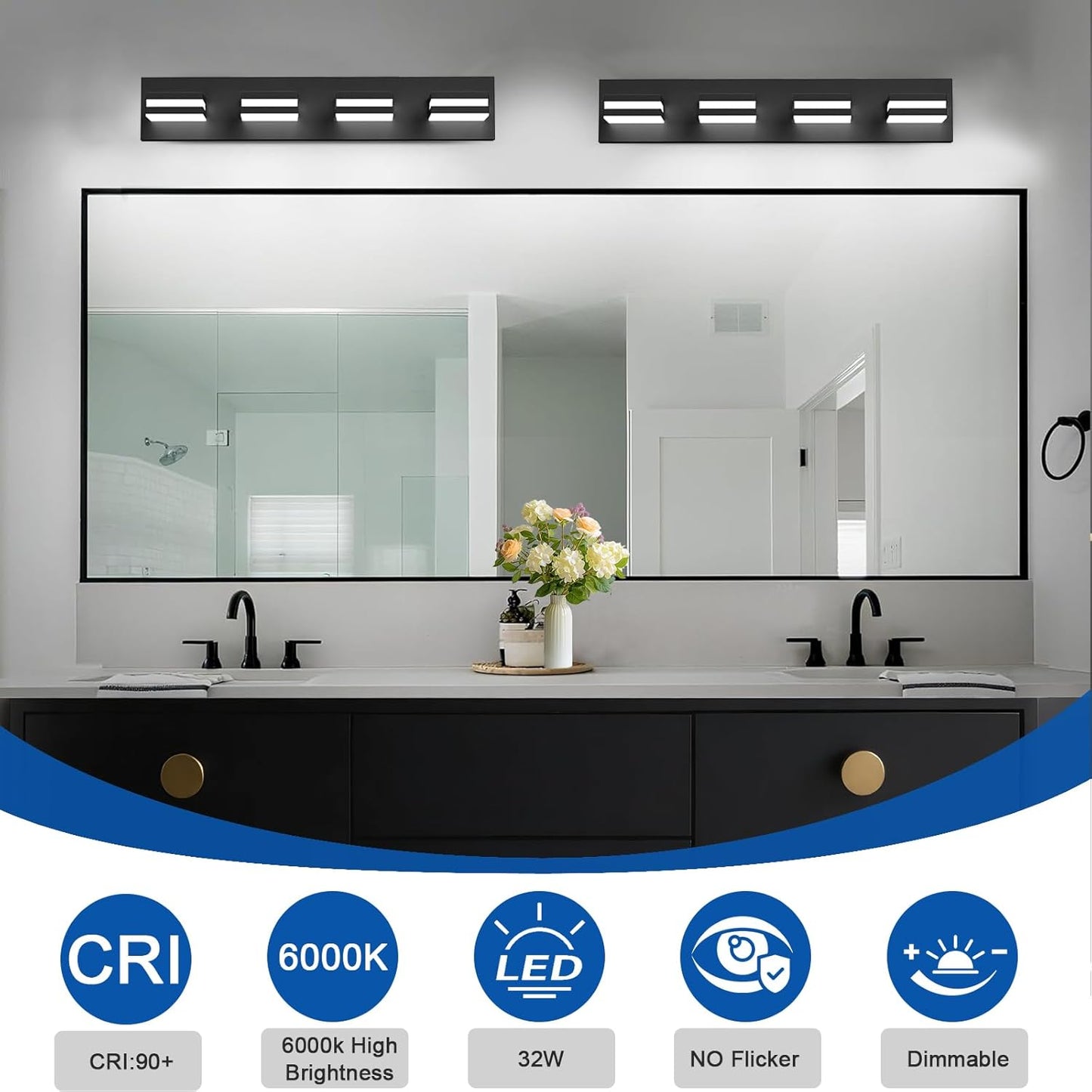 IZORRO LED Modern Bathroom Lights Fixtures(4-Light,Dimmable,360°Rotate),Matte Black Acrylic Wall Lighting,Vanity Lights for Bathroom Over Mirror - 6000k 24In （No Assembly Required）