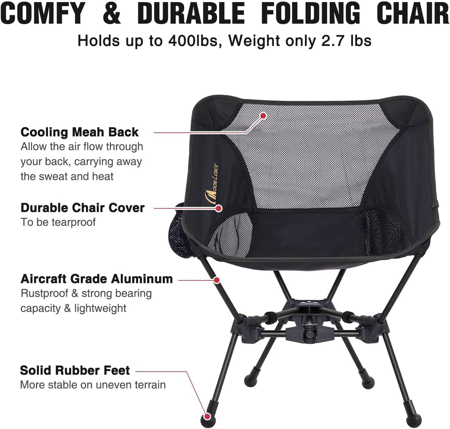 MOON LENCE Portable Camping Chair Backpacking Chair - The 4th Generation Ultralight Folding Chair - Compact, Lightweight Foldable Chairs for Hiking Mountaineering, Beach (Black-1Pack (Glod-Logo))