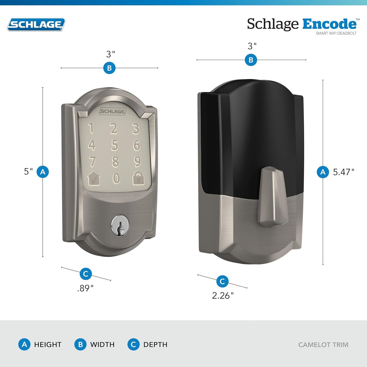 Schlage Encode Smart Wi-Fi Deadbolt Lock with Touchscreen Keypad, Keyless Front Door Entry, App Control, Alexa, Google Home and Airbnb Compatible, Satin Nickel, BE489WB CAM 619