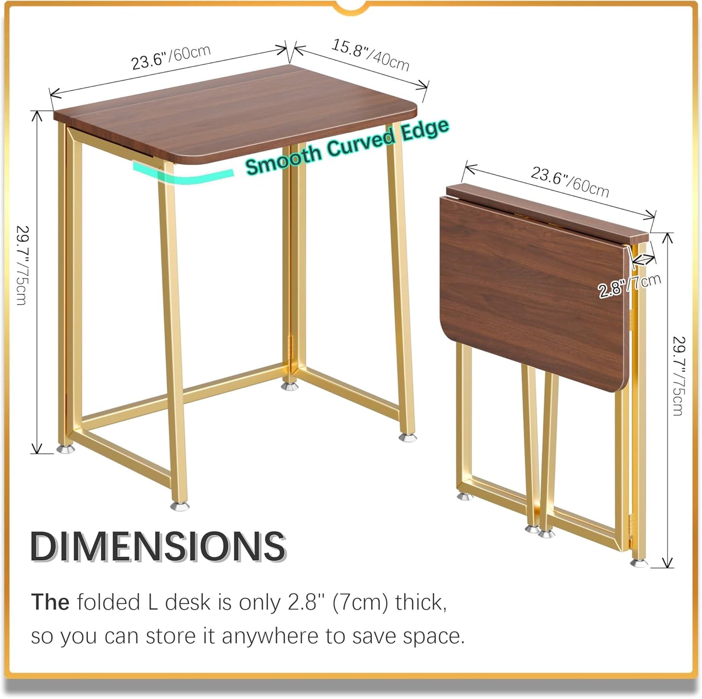 4NM 23.6" Mobile Small Folding Desk, Foldable Rolling Computer Home Office Desk, Study Writing Table for Small Space Saving Bedroom, with Wheels - Brown and Gold
