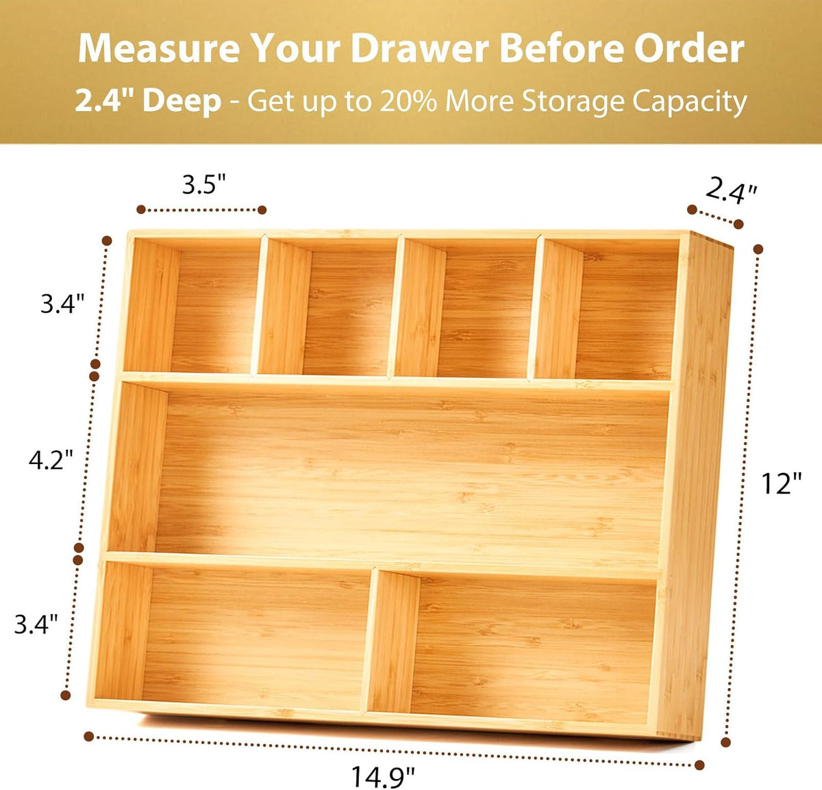 Umilife Large Bamboo Desk Drawer Organizer, Wood Office Junk Tray, 15"x12"