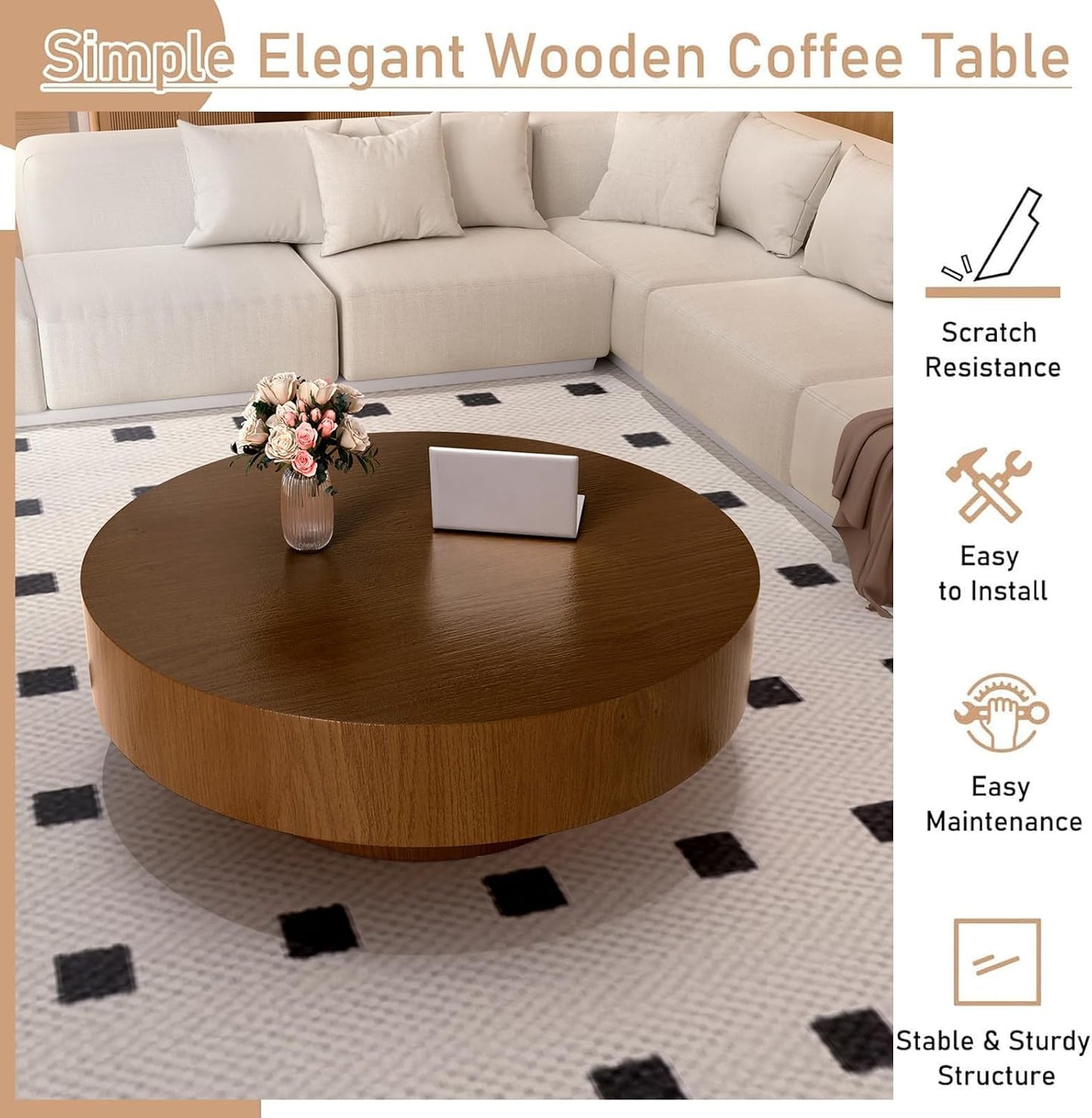 Modern Drum Round Coffee Table Wood for Living Room (D39.37IN) | Mid Century Aesthetic Low Coffee Tables with Wood Pattern Decal and Sturdy Pedestal, for Apartment Small Space