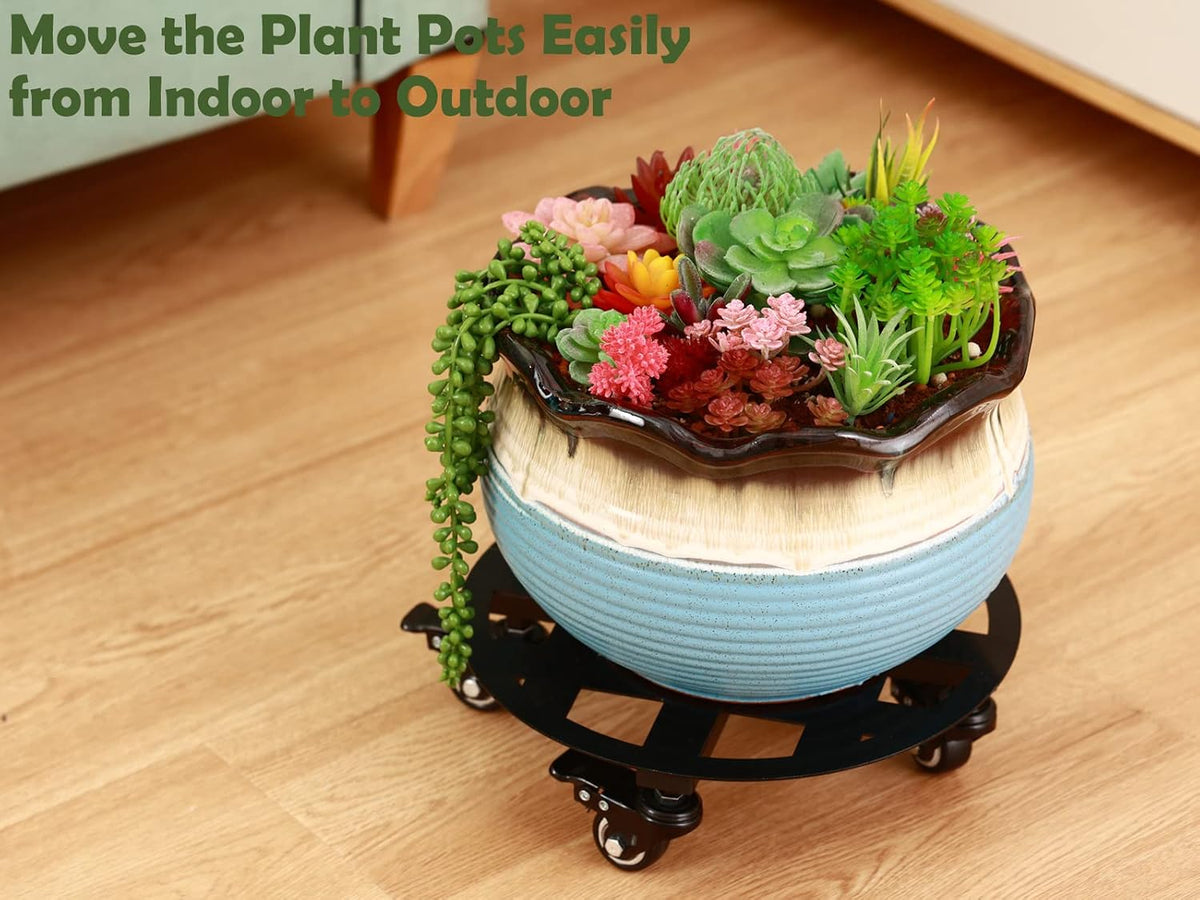 2 Packs 12 inches Large Metal Plant Caddy with Wheels Heavy-Duty Round Plant Stands with Casters Indoor Outdoor Flower Pot Mover Roller Base Garden Dolly Coasters Black, Strong Load Capacity