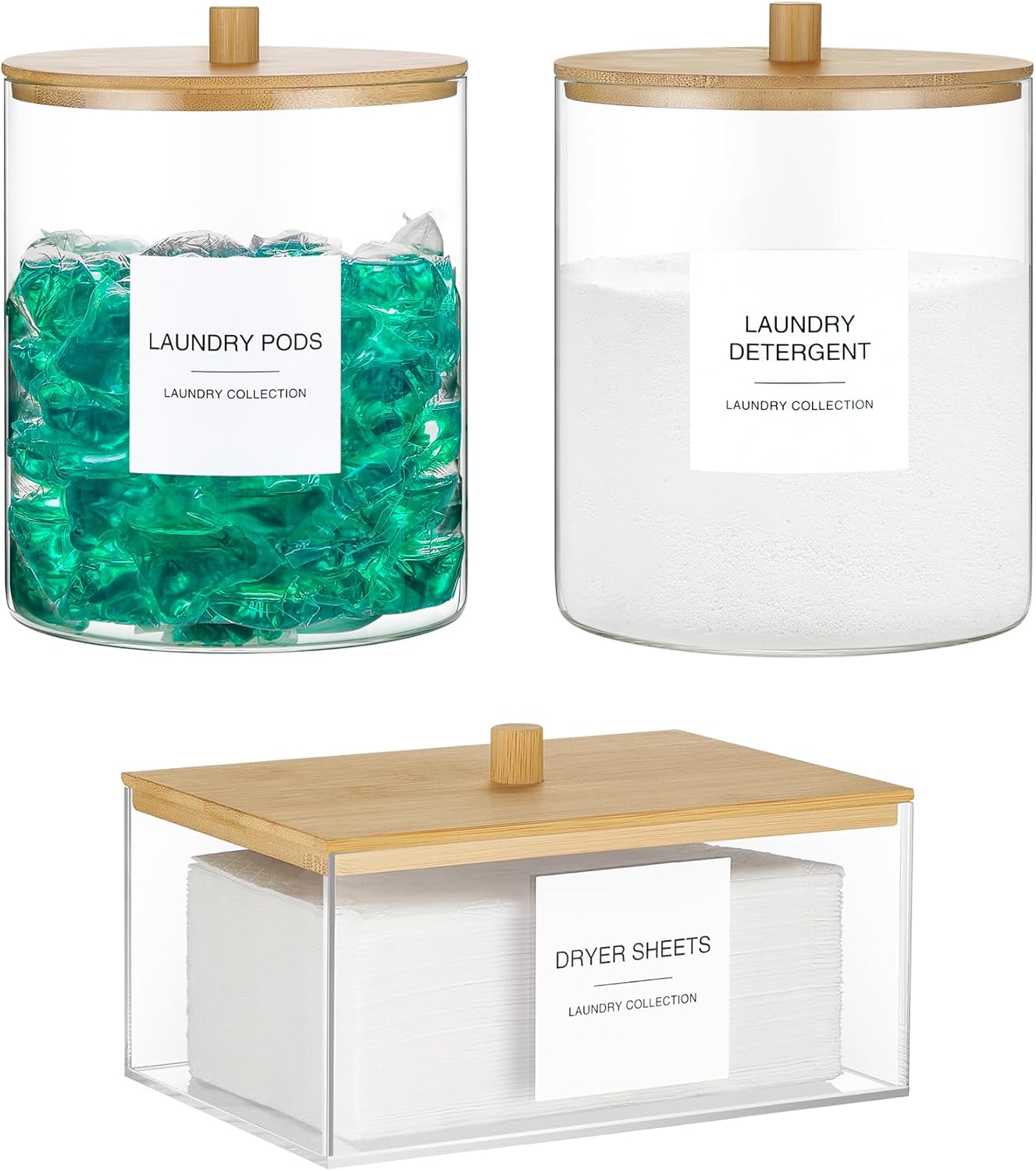 TIPGO Glass Jars and Acrylic Dryer Sheet Holder, Laundry Pods Container with Bamboo Lid and 27 Labels, Powder Detergent Containers for Laundry Room Organization, Storage Jars Set (3 Pack)