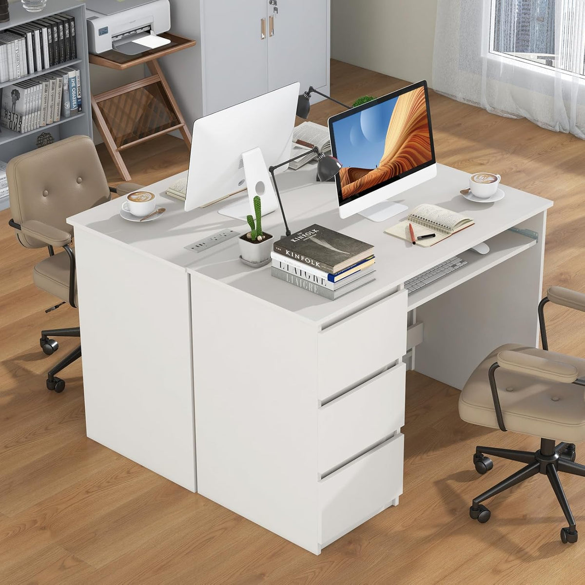 Tangkula White Desk with 3 Storage Drawers & Built-in Charging Station, Home Office Desk with Keyboard Tray, PC Desk Study Writing Table, Vanity Table for Bedroom, Computer Workstation (White)