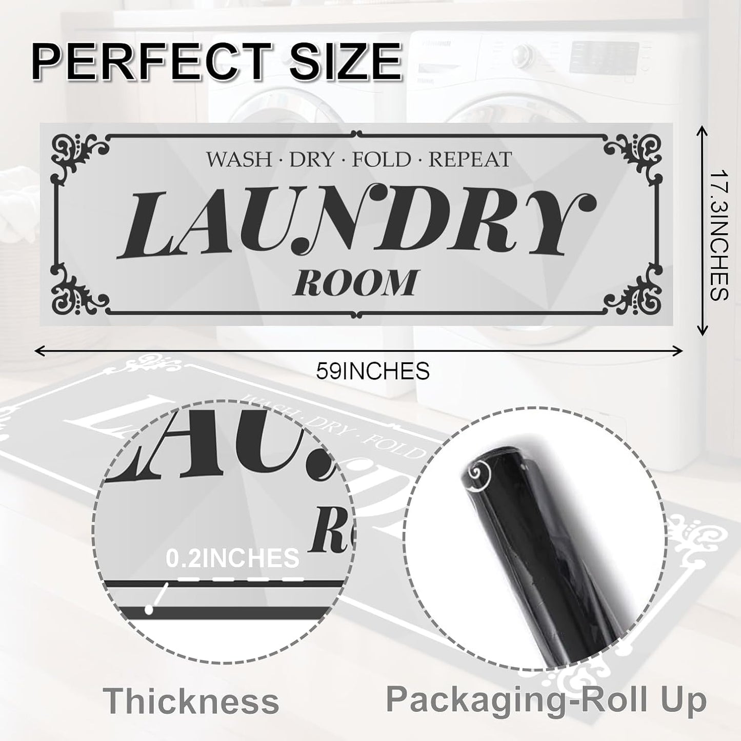 Laundry Room Rug: 17"X60" Non-Slip Washable Runner Rug, Rolled-up – NO Creases, Laundry Room Decor and Accessories, Text Design Laundry Mat - Area Rug for Farmhouse Kitchen Living Room Hallway