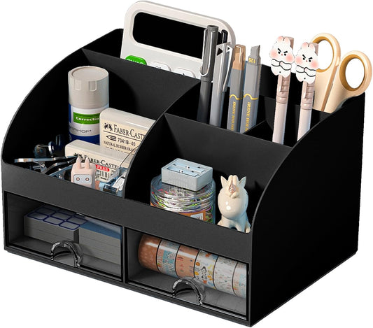 COMFYROOM Desk Organizer with 6 Compartments and 2 Drawers, Plastic Makeup Organizer, Pen Holder for Desktop Storage, Desk Organization for School, Home, Office Supplies (Black)