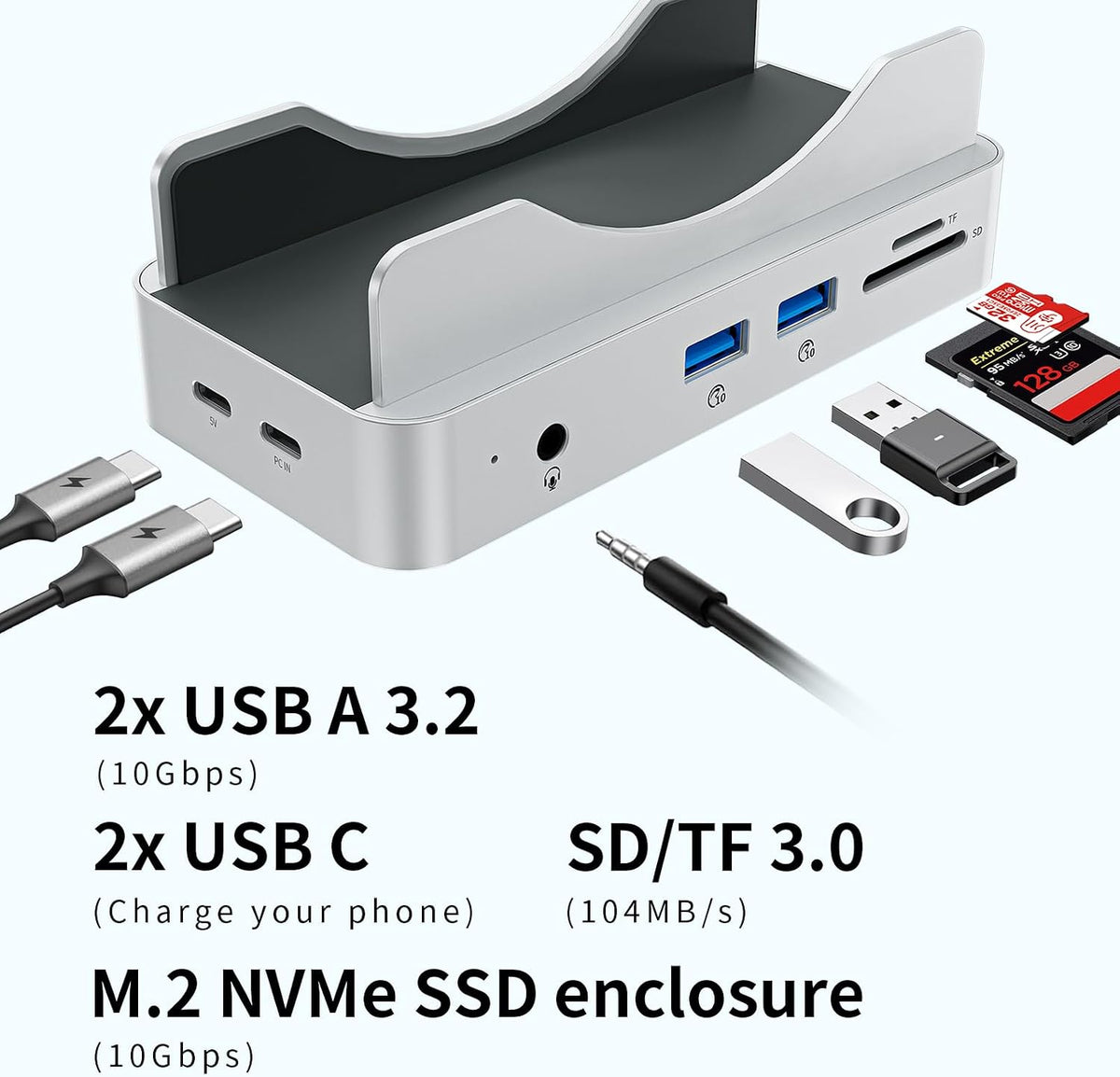 PHIXERO Mac mini M4 Dock and Stand with Up to 8TB M.2 NVMe SSD Enclosure 6-in-1 Aluminum Hub, 10Gbps USB-A&C, SD/TF Reader, Stand Docking Station for Mac mini M4/M4 Pro