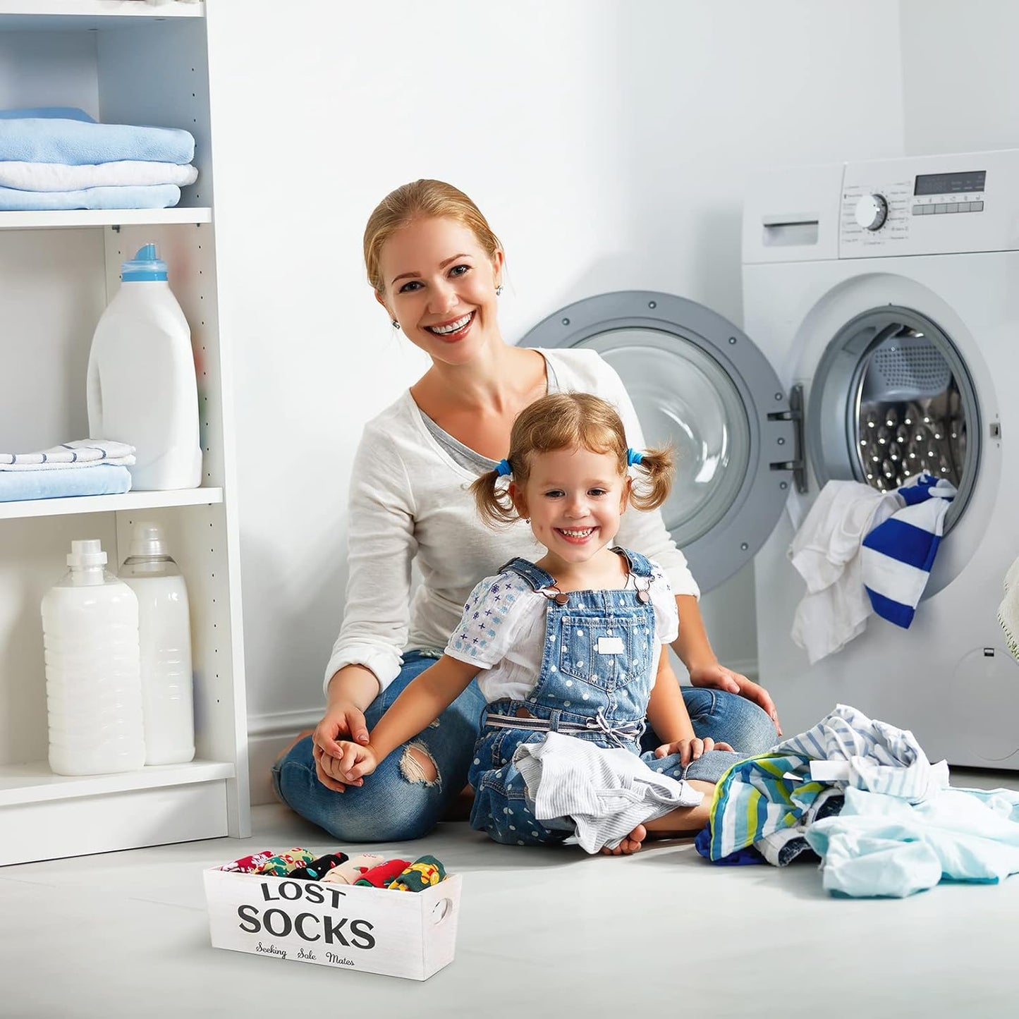 Blulu Lost Socks Basket Sign Farmhouse Laundry Room Decor and Accessories Lost Socks Bin Hanging Wall Storage Organization for Laundry Room Storage(White)