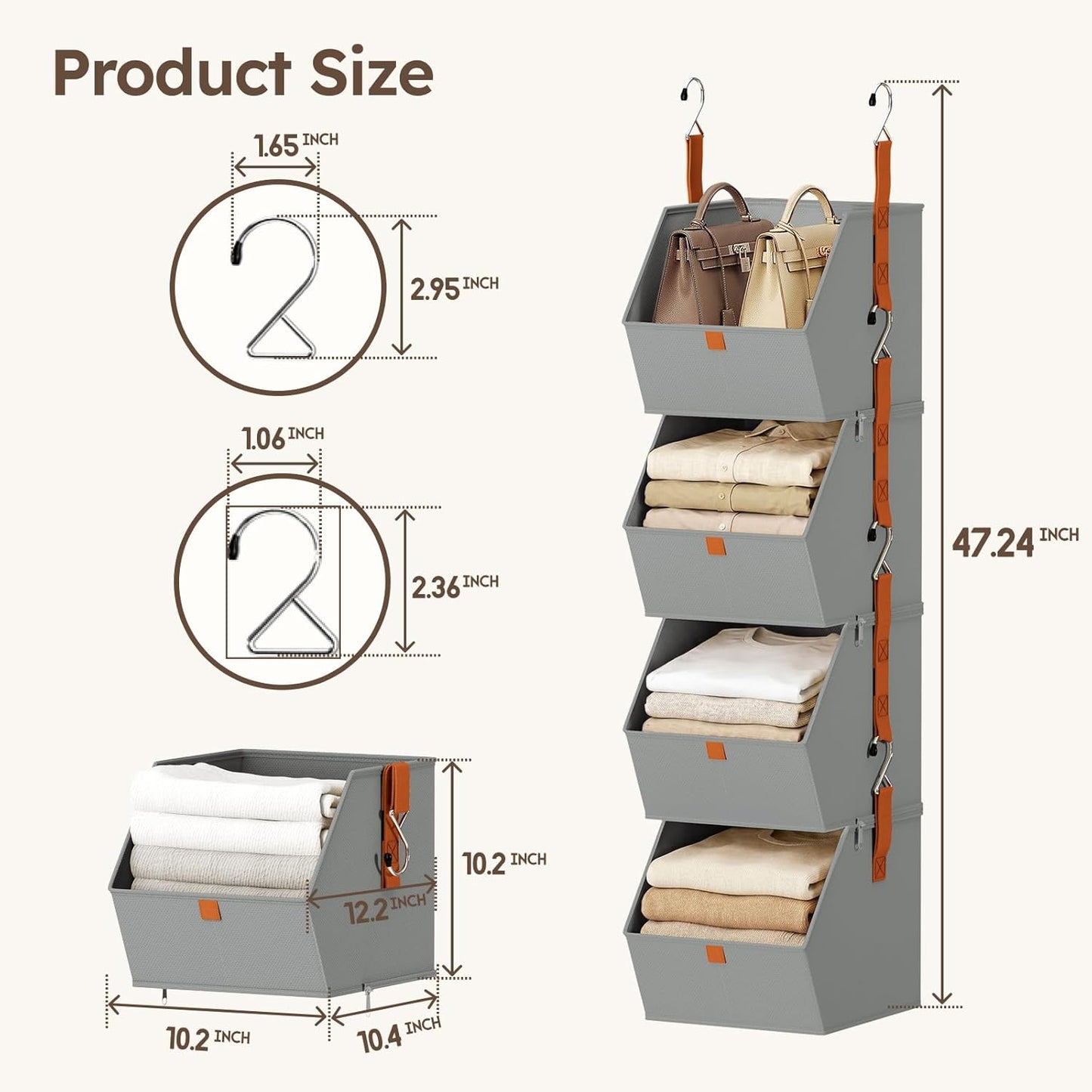 Homsorout Hanging Closet Organizer 4 Tier - Clothes Hanging Shelves, Space-Saving Closet System, Fabric Storage Bins Bedroom Organization, Collapsible Baskets for Home, Dorm, Rv, Grey