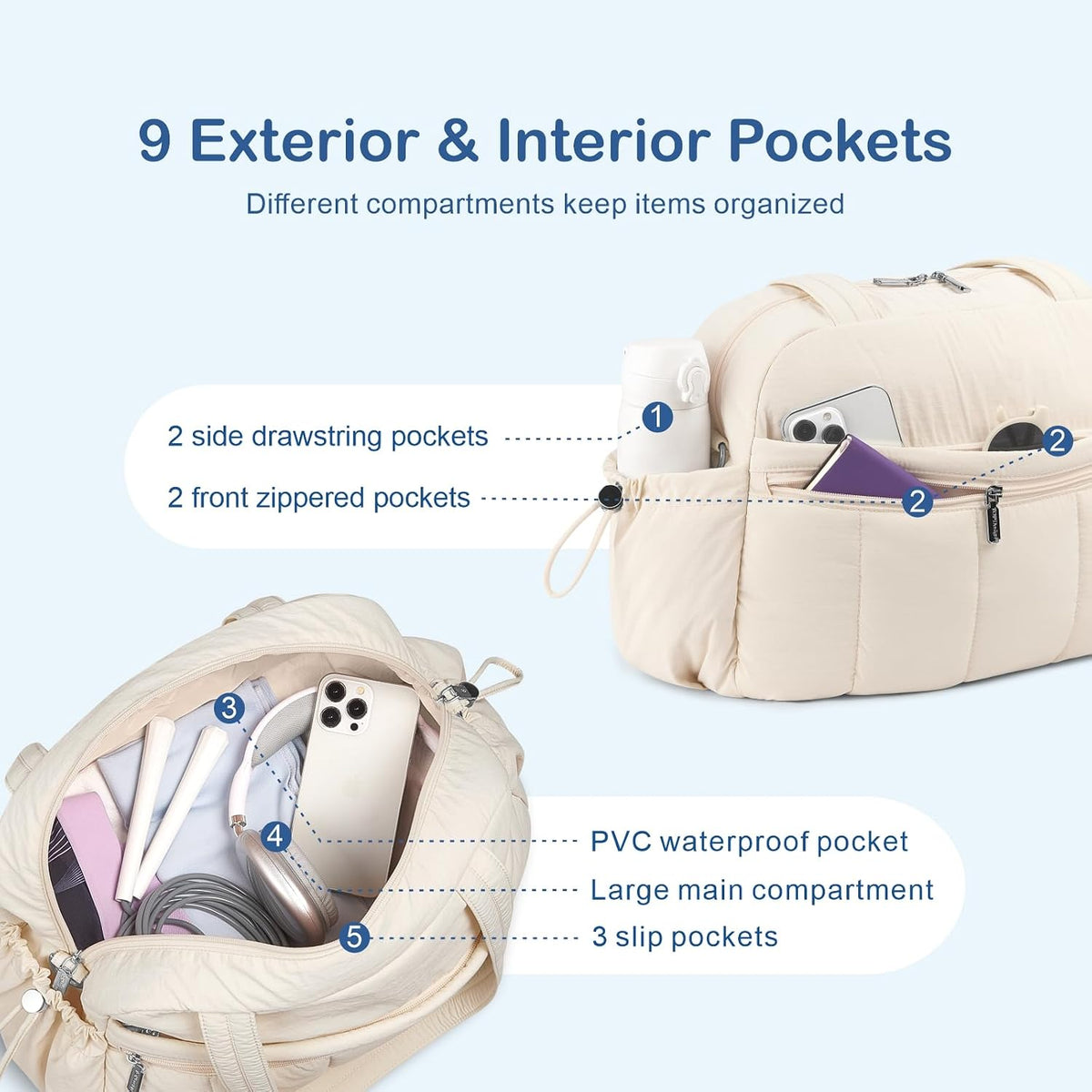 TOPDesign Travel Duffel Bag, Puffy Carry On Overnight, Gym Bag w/Wet Pocket