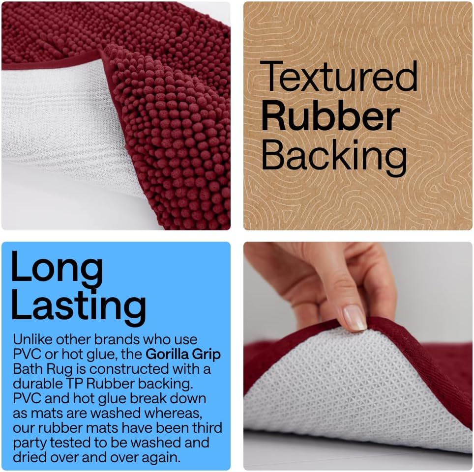 GORILLA GRIP Bath Rug Mat, Thick Soft Absorbent Chenille, Quick Dry Microfiber Mats, Rubber Backing Washable Shower Floor Rugs, US Designed Bathroom Bathmat Home Decor Accessories, 24x17, Burgundy