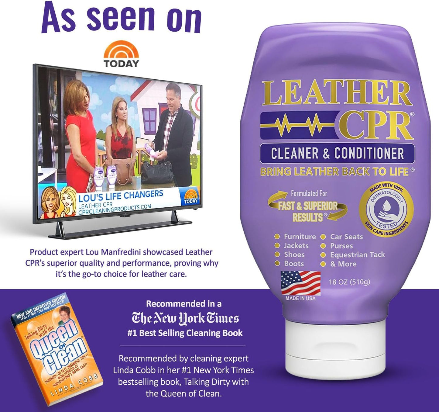 Leather CPR Cleaner and Conditioner 18oz. Bring Leather Back To Life on Furniture, Car Seats, Handbags, Jackets, Boots, Saddles, Purses & Shoes. Restores Shine, Softness & Color to Real Leather