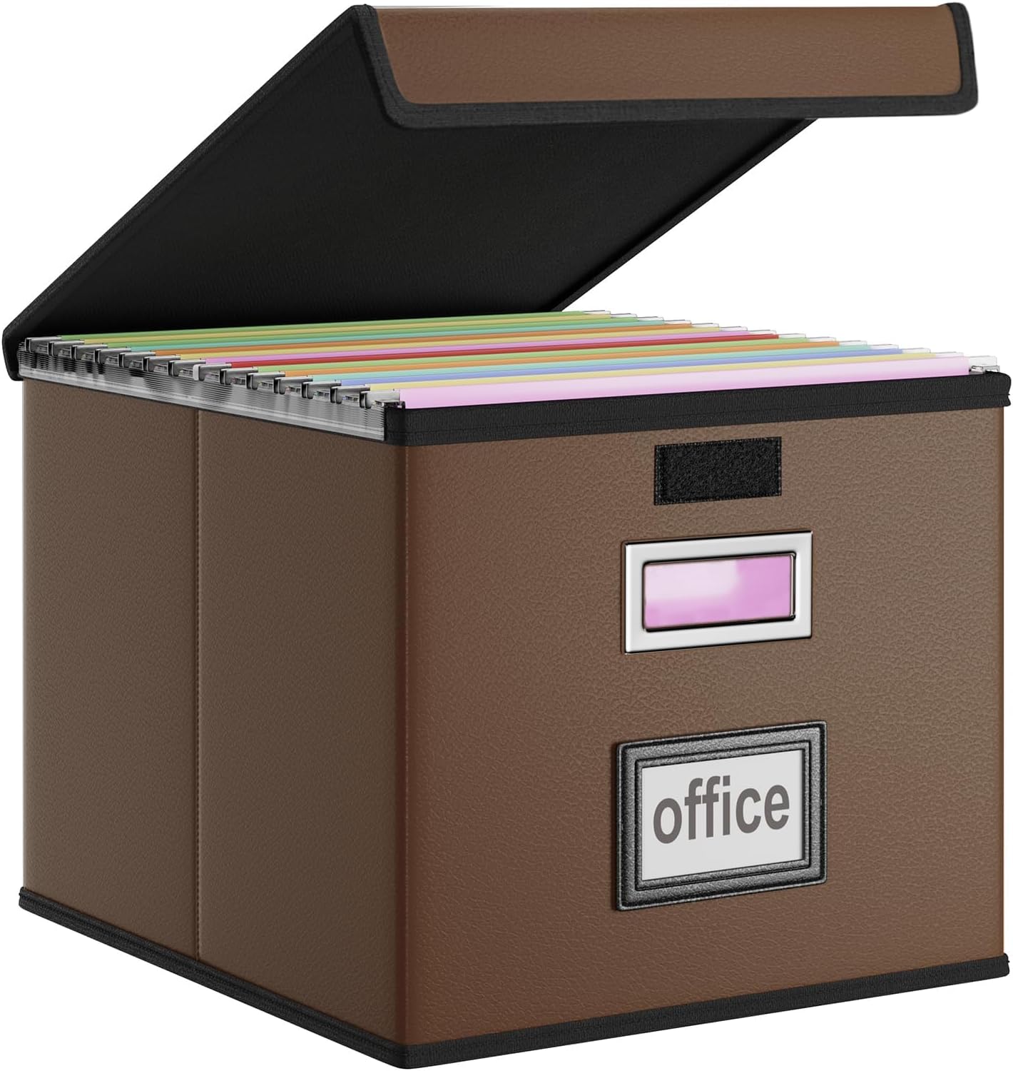 Faux Leather File Organizer Box with Lid, Collapsible Hanging File Folder Box Organizer with Plastic Slides, Decorative Home/Office Filing Boxes for File and Folder Storage - Dark Brown
