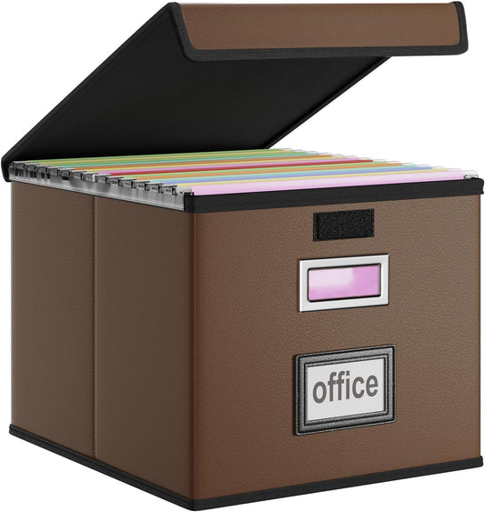 Faux Leather File Organizer Box with Lid, Collapsible Hanging File Folder Box Organizer with Plastic Slides, Decorative Home/Office Filing Boxes for File and Folder Storage - Dark Brown