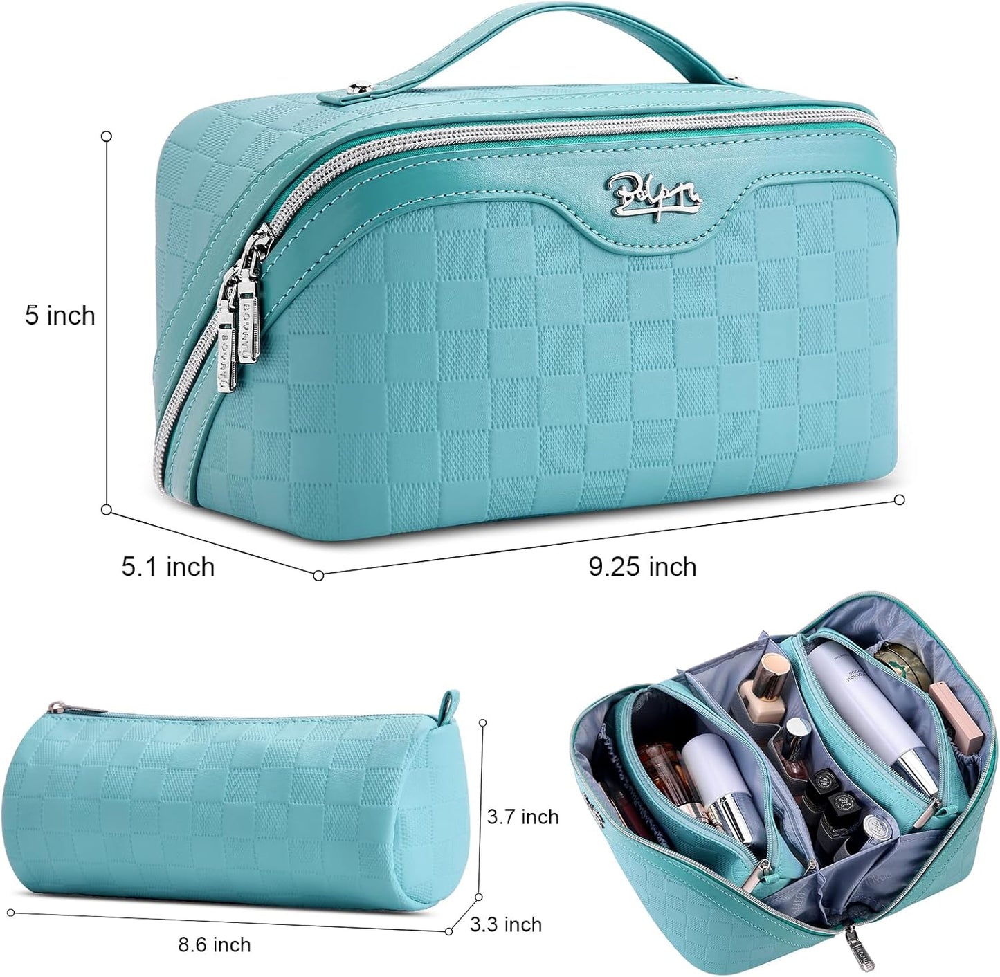 BOYATU Checkered Travel Makeup Bags: Vacation-Ready Light Blue Large Capacity Cosmetic Bag for Women - 3 Pcs Set Toiletry Organizer with Waterproof Leather - Easy to Clean Beach Trip Essential