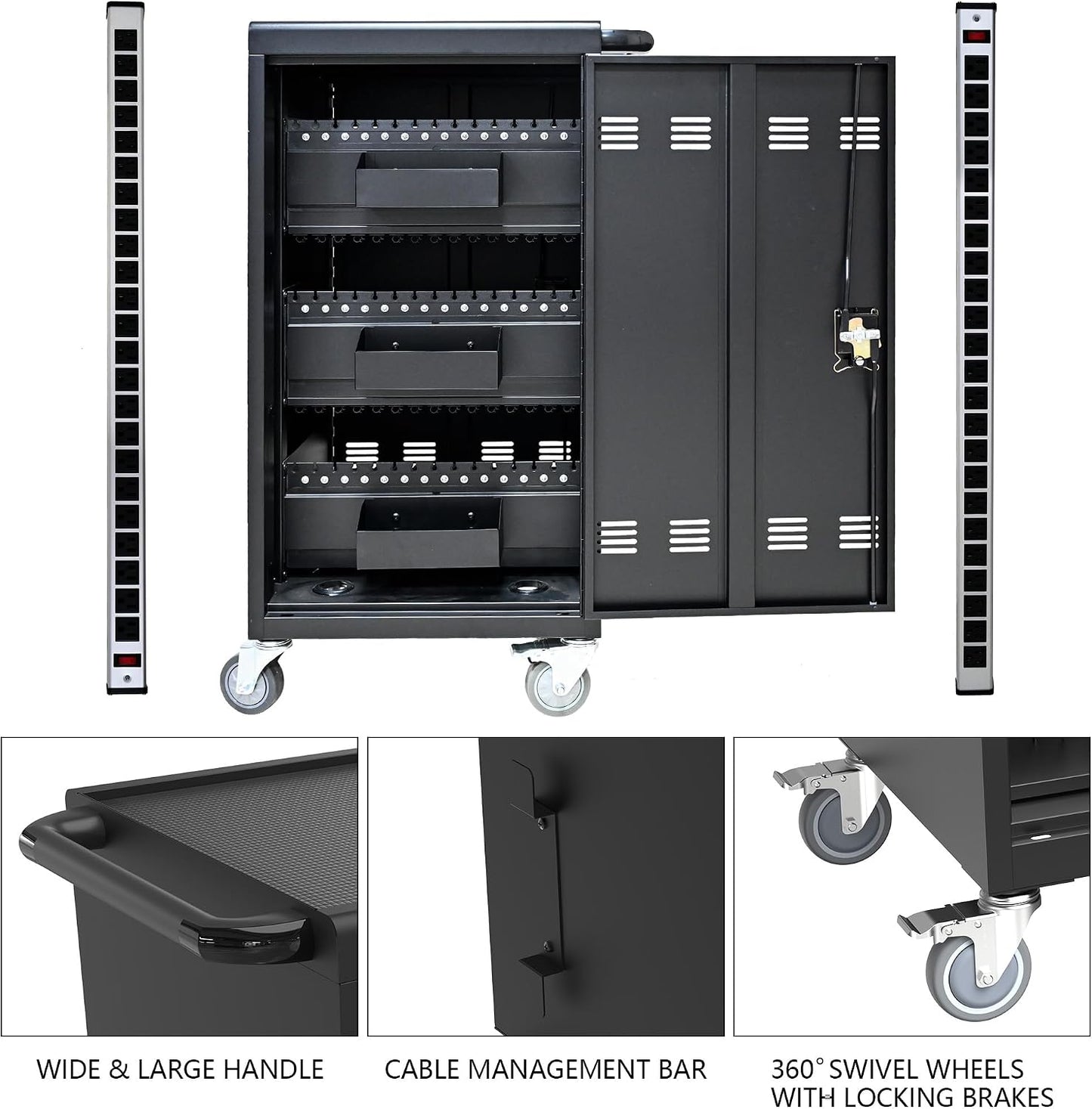 45-Device Mobile Charging Cart Up to 16.3" Locks Black | with Charging Power Strip Front & Rear Locks Cable Management Safe Charging Cabinet for Ipads, Chromebooks, Tablets, Laptops