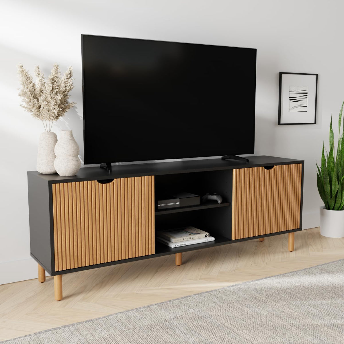 Stead Modern Fluted TV Stand & Media Console - 70-Inch, Fluted Black & Oak - Entertainment Center for 32-80-Inch Screens with Soft-Close Doors & Cord Management
