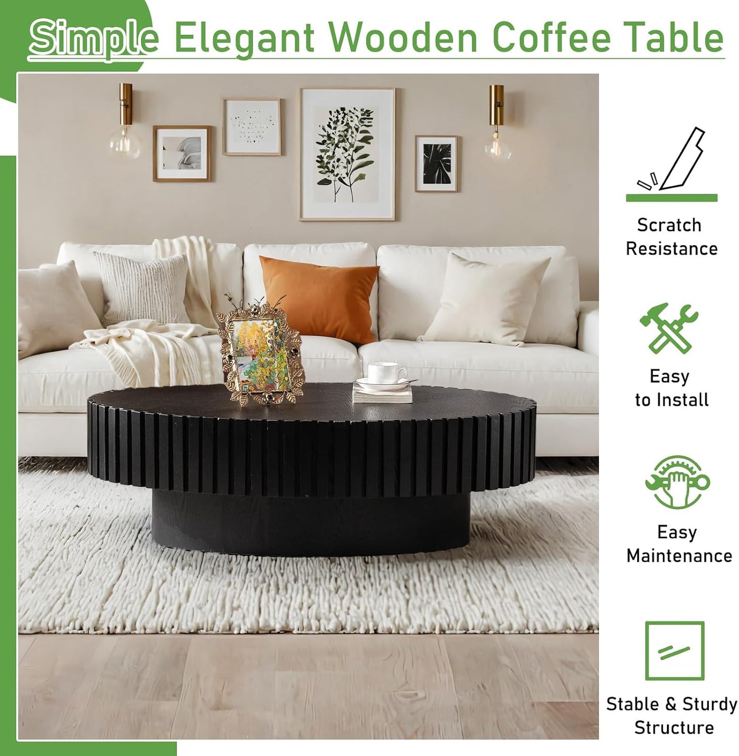 43.3'' Oval Coffee Table for Living Room (Oval Black) | Modern Handcraft Drum Coffee Table Unique Fluted Coffee Tables Wood Center Table End Table for Farmhouse Apartment Office