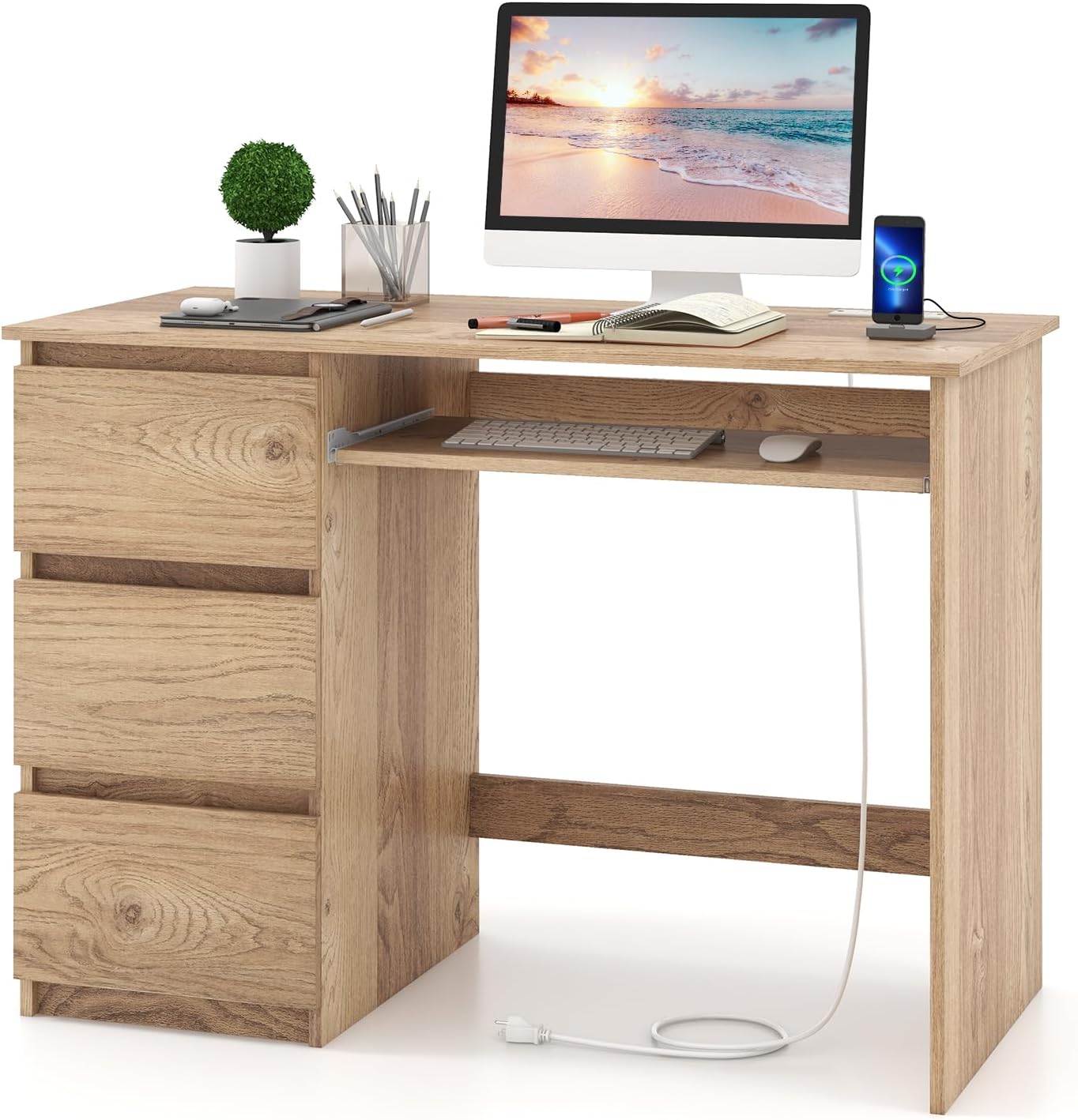 Tangkula Computer Desk with 3 Storage Drawers & Built-in Charging Station, Home Office Desk with Keyboard Tray, PC Desk Study Writing Desk, Vanity Table for Bedroom, Computer Workstation (Natural)