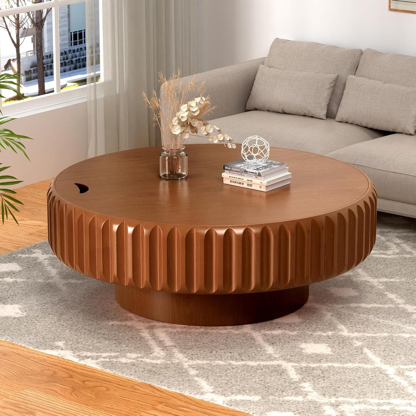 39.4 in Brown Round Drum Coffee Table with Storage | Modern Round Fluted Storage Center Table Handcrafted Solid Wood Fluted Edge, Cylindrical Base For Living Room, Apartment