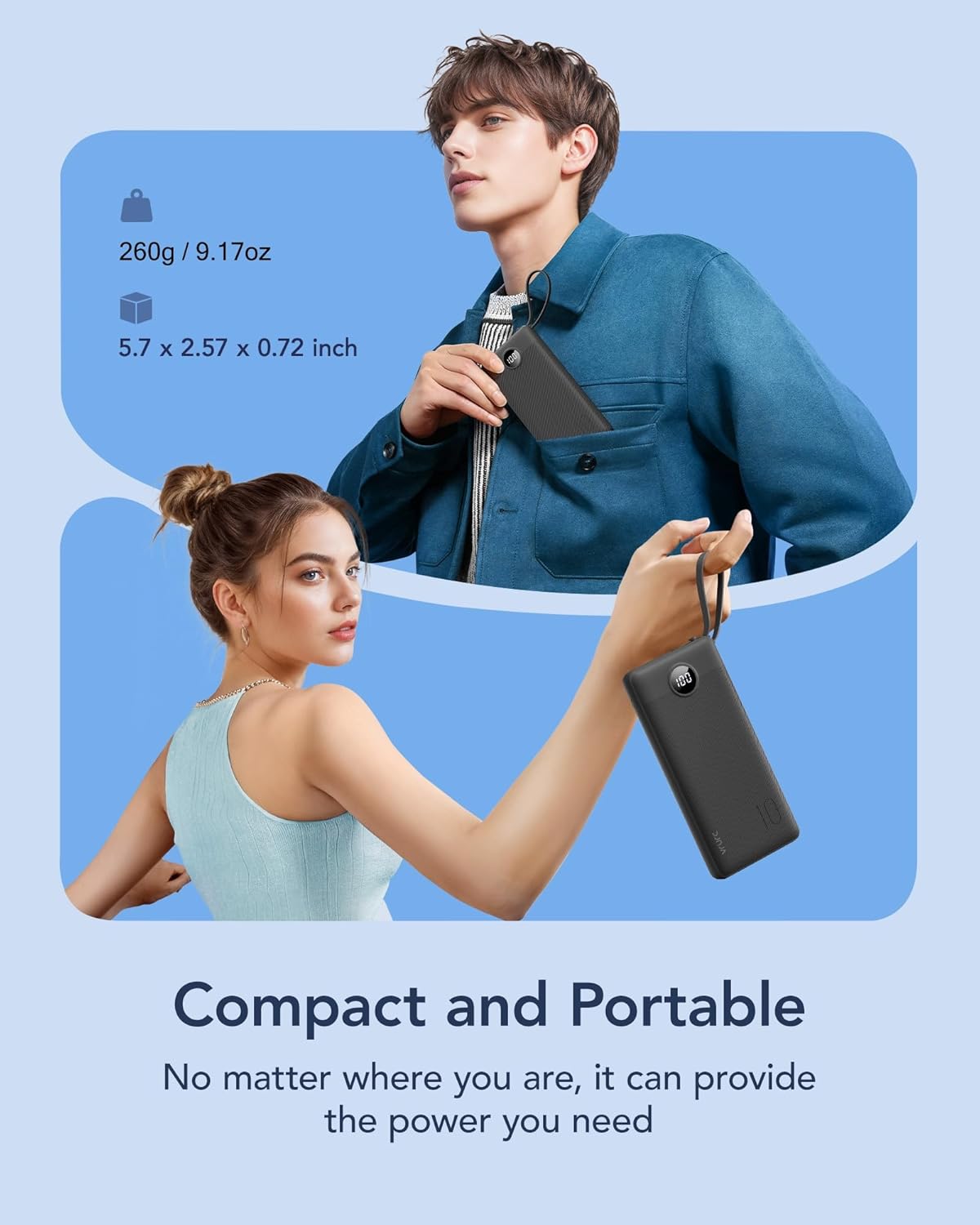 VRURC Portable Charger, Built-in 4 Cables Slim Power Bank 10000mAh, USB C Charging Bank with LED Display, Compact Travel Battery Pack with 5 Outputs for Multi Devices, Android-Black(1 Pack)