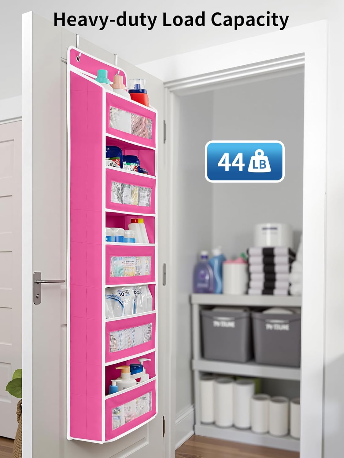 JARLINK Over The Door Organizer Storage, 5 Shelf Hanging Door Organizer with 5 Large Capacity Pockets, Anti Tilt 44 lb Load Behind Door Storage for Bedroom, Bathroom, Pantry, Nursery, Rose Pink
