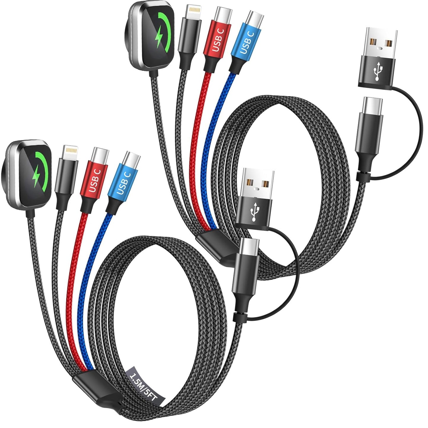 Travel Essentials Dual Type-C 4 in 2 Multi Charging Cable for Apple Watch Charger/iPhone 17, USBA&USBC Cable iWatch Charger for iWatch Ultra/SE/11-2, iPhone17-8, Car/Cruise Camping Essentials, 2Pc 5FT