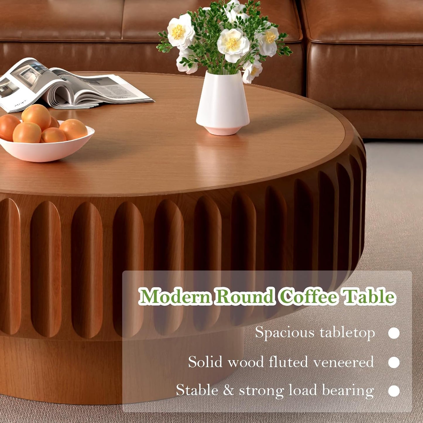 31.5" Round Drum Coffee Table with Storage (A 31.5in) | Rustic Chic Fluted Center Table - Handcraft Solid Wood Veneer Edge | for Living Room Farmhouse