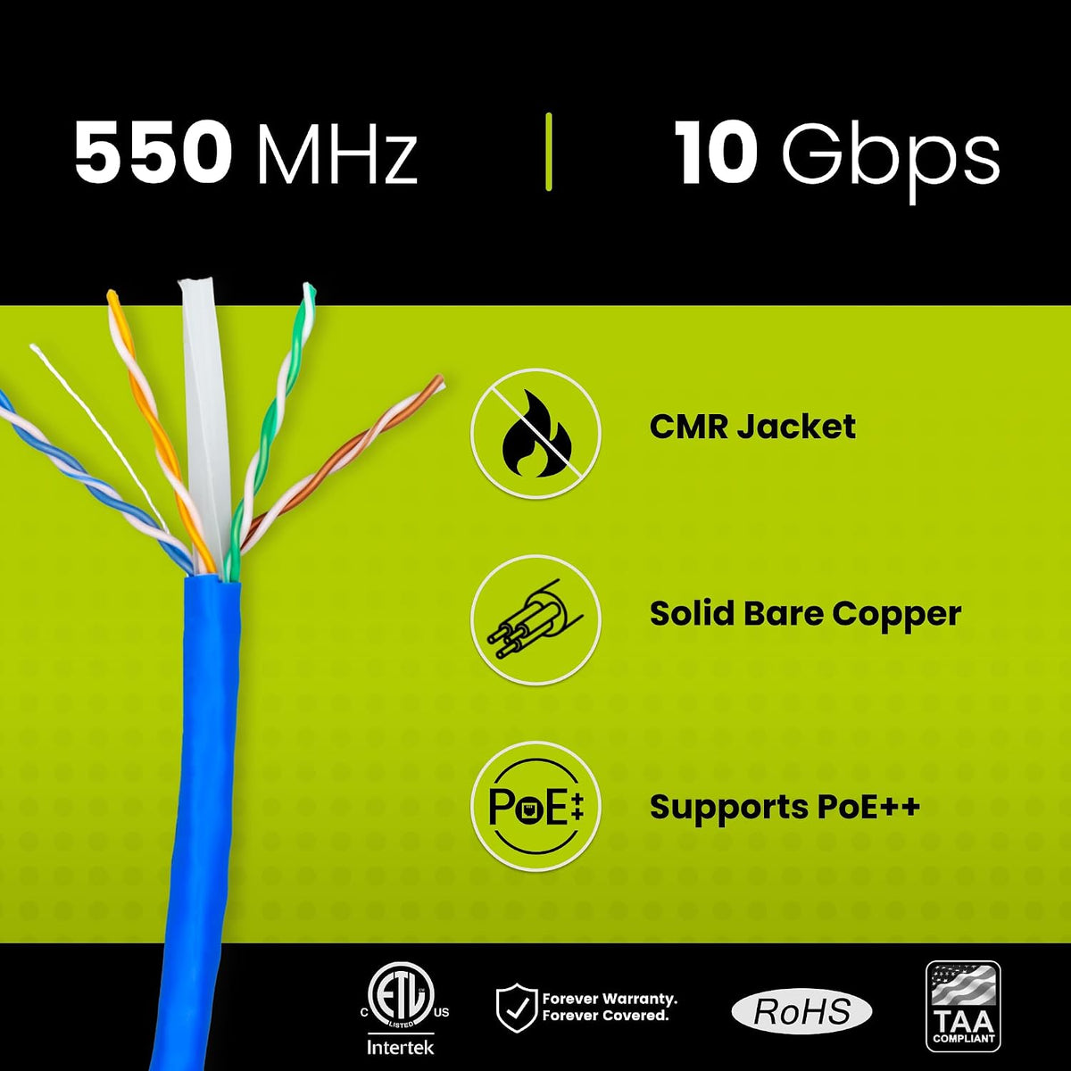 trueCABLE Cat6 Riser (CMR), 500ft, Blue, 23AWG 4 Pair Solid Bare Copper, 550MHz, PoE++ (4PPoE), ETL Listed, Unshielded Twisted Pair (UTP), Bulk Ethernet Cable