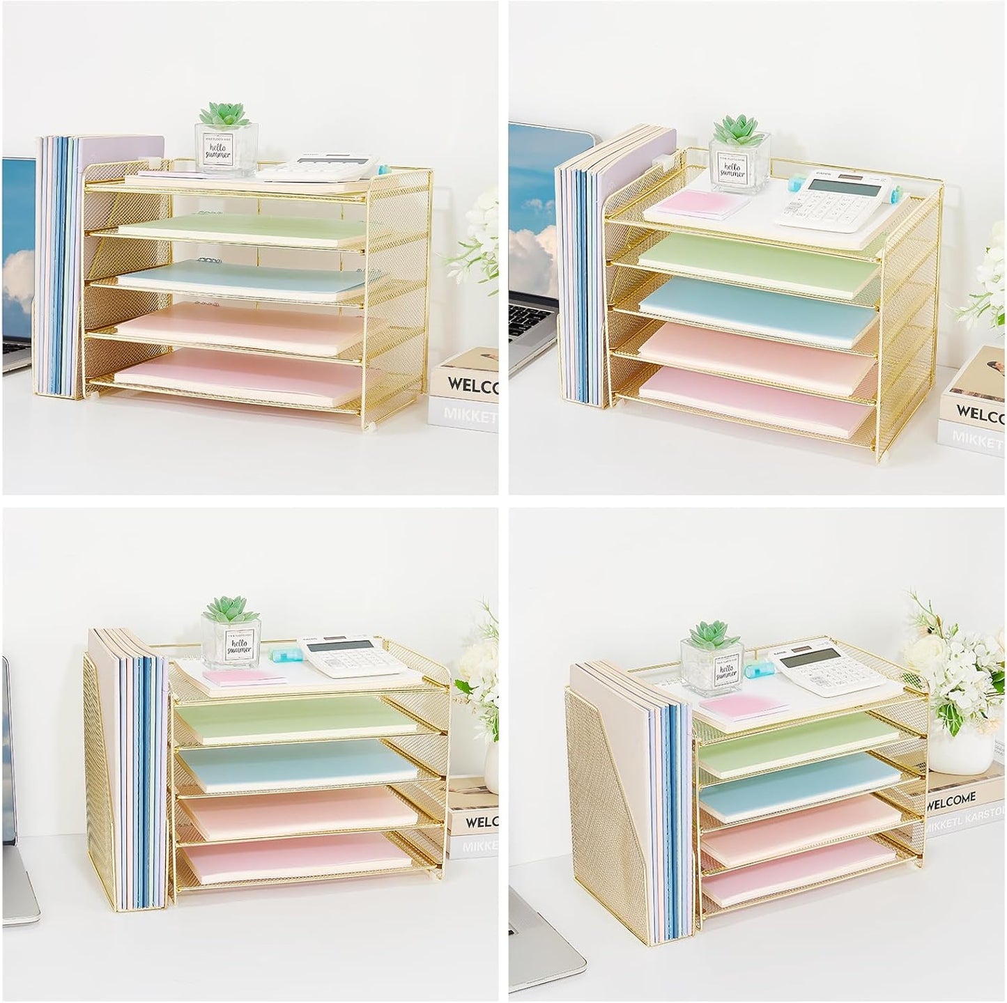 OPNICE Desk Organizer, 5-Tier Paper Organizer Letter Tray with Magazine Holder, Office Desk Accessories & Workspace Organizers, Desktop File Organizer for Office Supplies Storage, Gold