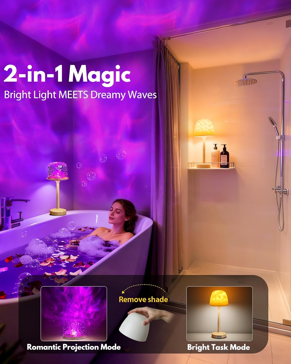 Shower Lamp - Waterproof Bathroom Lamp with 16 Color Ocean Wave Projector, Cordless Light for Inside Shower/Bathtub Bedroom Living Room Kitchen Decor (Wood Grain)