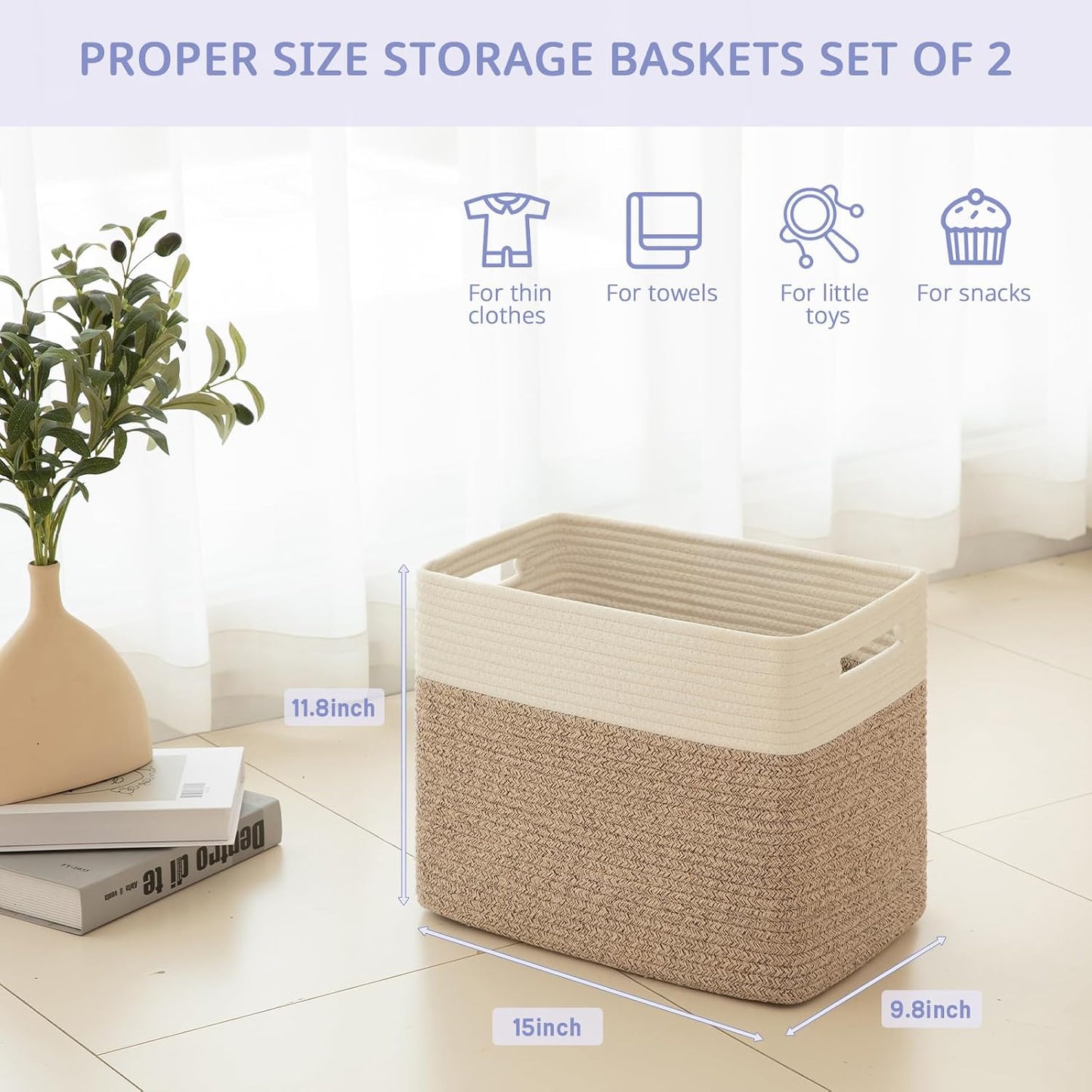 OIAHOMY 2 PACK Tall Storage baskets 30L Blanket Basket Living Room Brown | Large Collapsible Storage Bins Narrow Basket Baskets for Closet Organization Storage Baskets for Shelves Toy Storage Basket