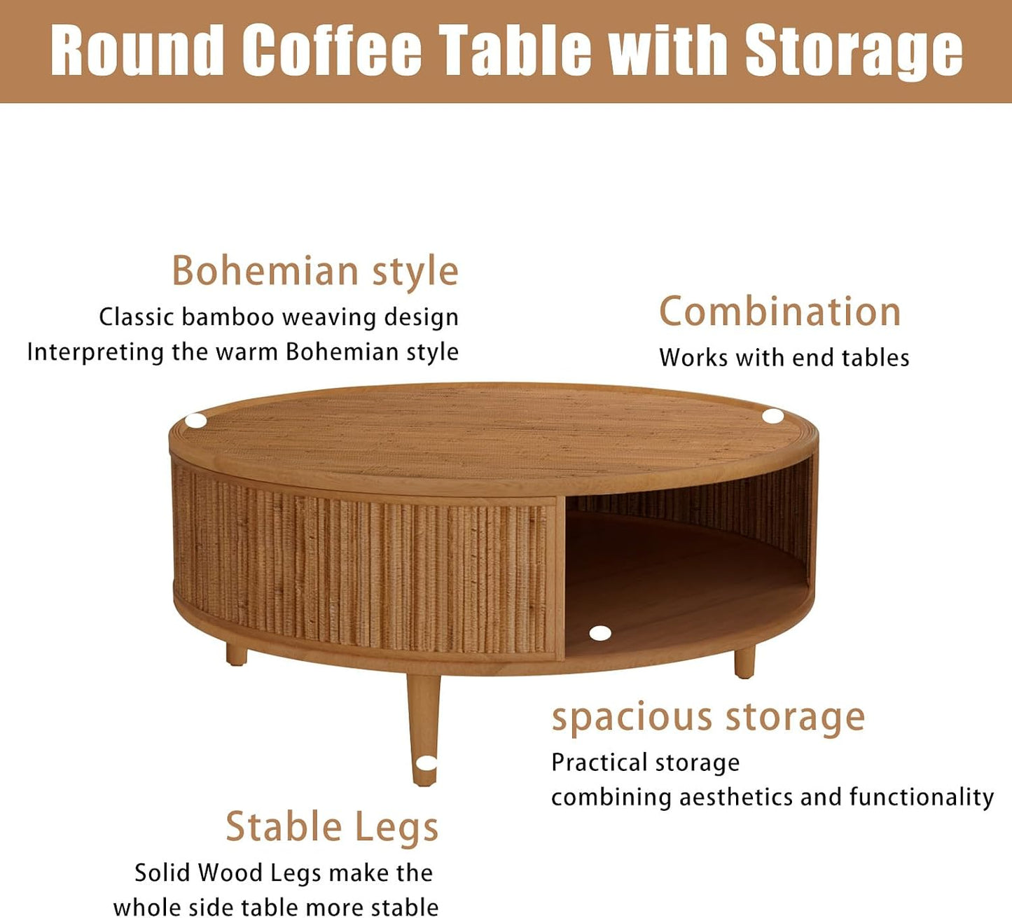 30.5" Bamboo Weaving Round Coffee Table with Storage（Light Brown） | Solid Wood Legs, Boho Accent Center Table for Living Room, Bedroom Apartment