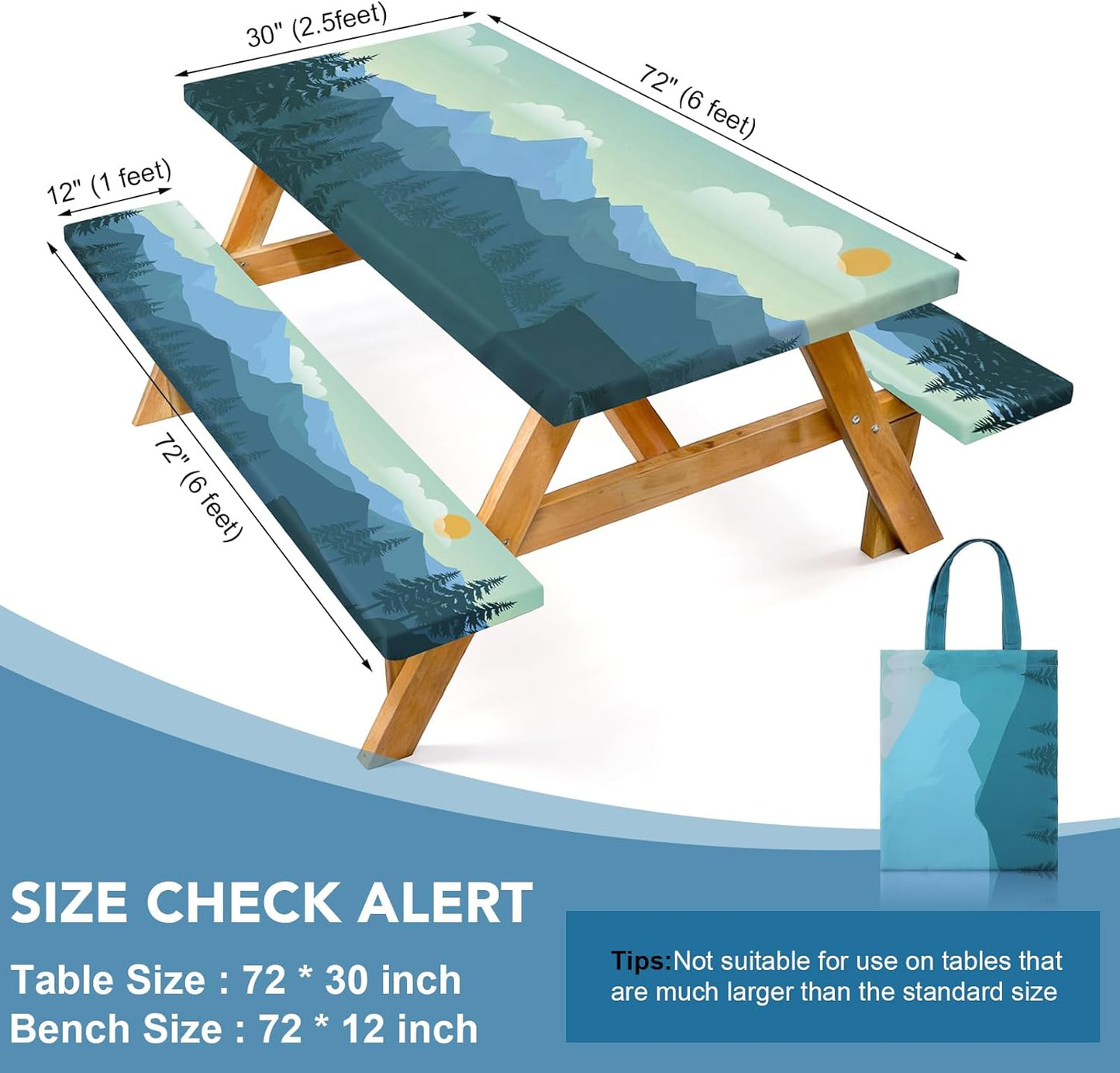 Picnic Table Cover with Bench Covers and Bag, 72in Camping Tablecloth, Waterproof Windproof Elastic Edges Fitted Rectangle Tables RV Gear Campers Must Have（Green）