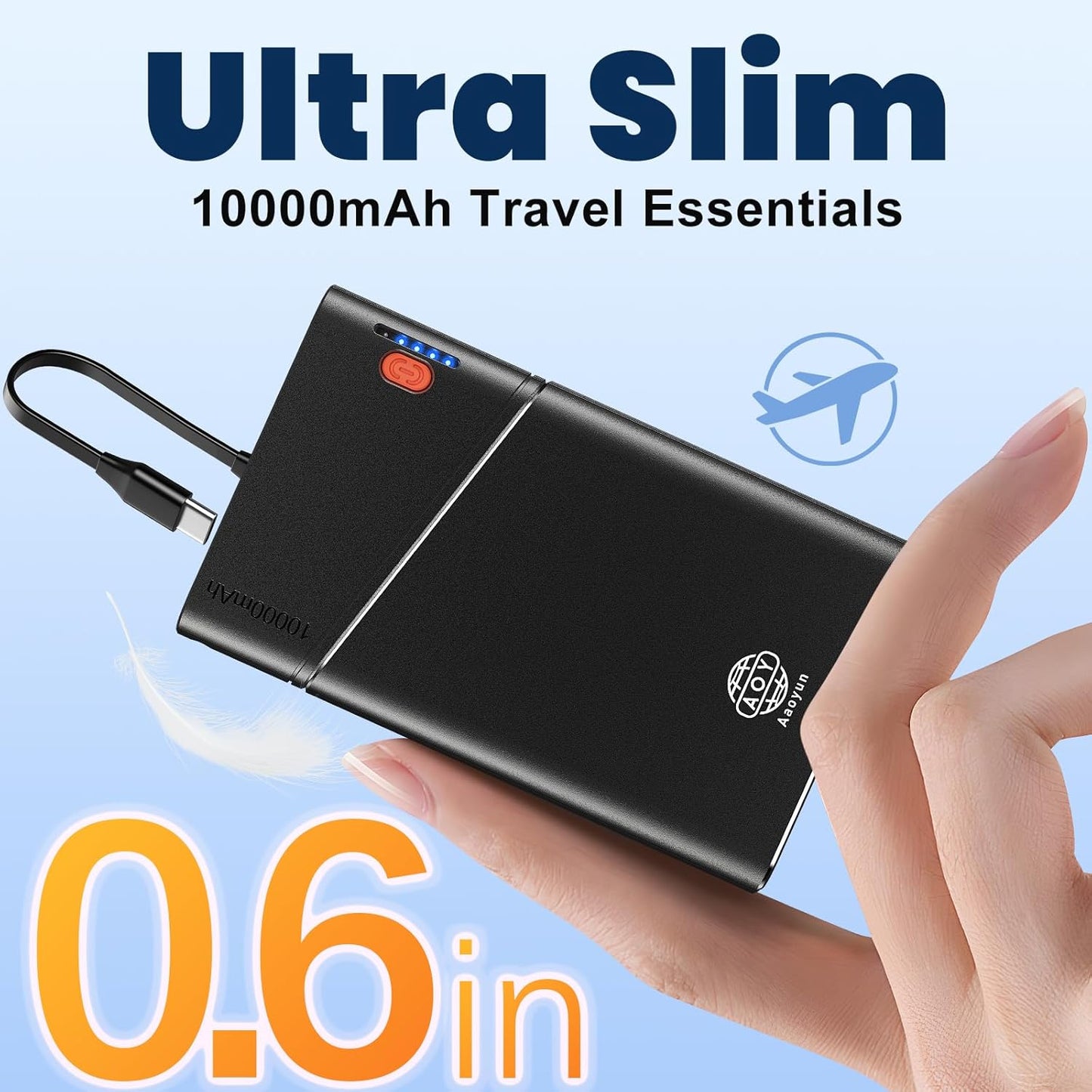 Aaoyun Portable Charger Power Bank, 10000mAh 22.5W PD Fast Charging Powerbank with Built-in USB C Cable, Slim External Phone Battery Pack for iPhone 17/16/15 Samsung S24 Android etc (Black)