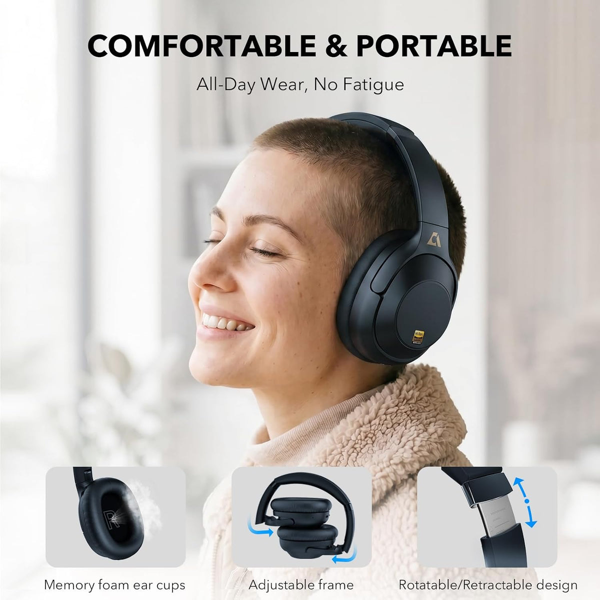 Bluetooth 6.0 Active Noise Cancelling Headphones for Airplane Travel, Blue