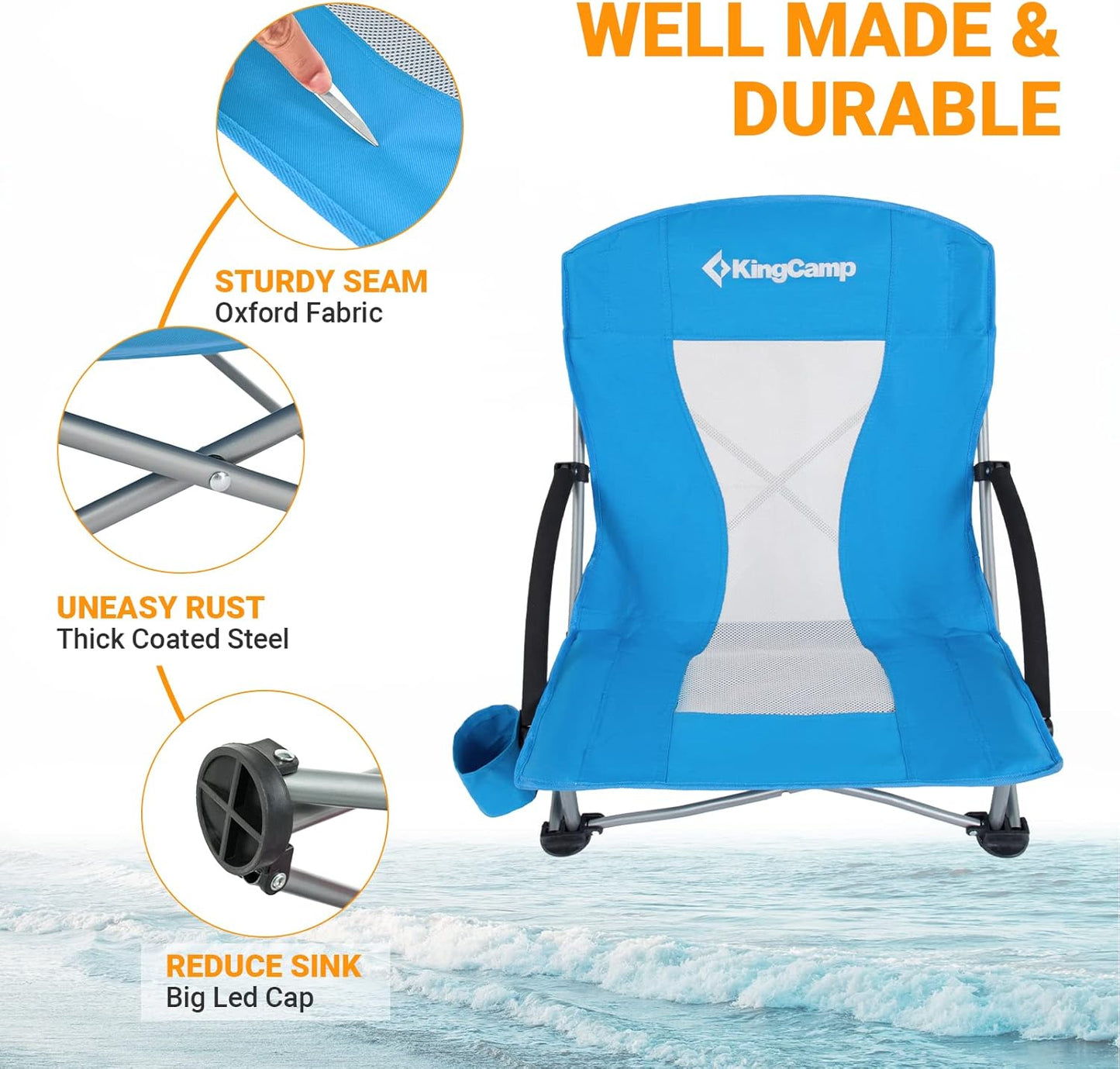 KingCamp Low Beach Chair, High Back Folding Camping Chair for Adults, Oversized Breathable Mesh Seat, 300lbs Heavy Duty Portable Chair with Cup Holder & Storage Pockets for Beach, Outdoor