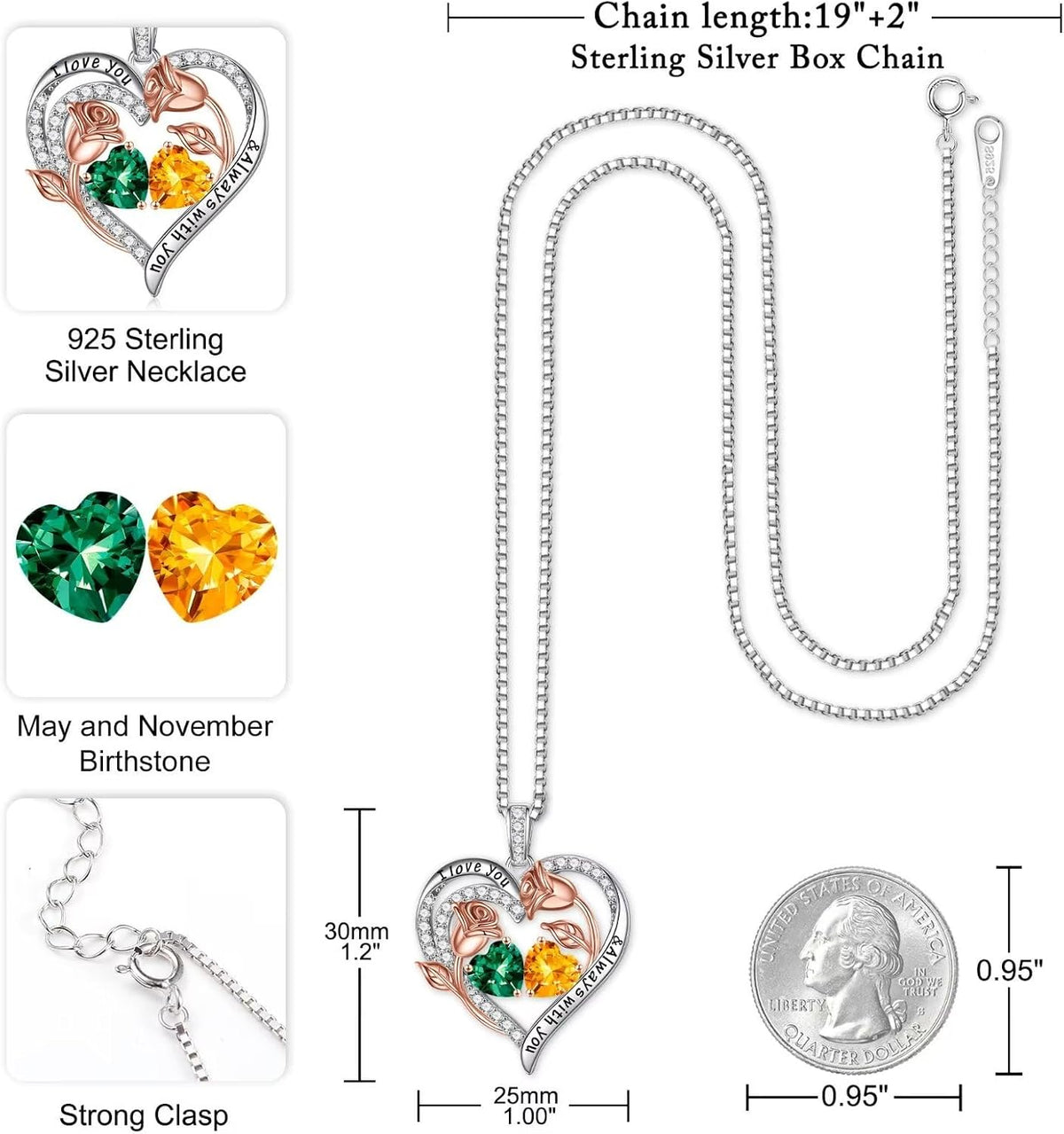 Iefil Birthstone Necklace for Women - Rose Heart Necklace