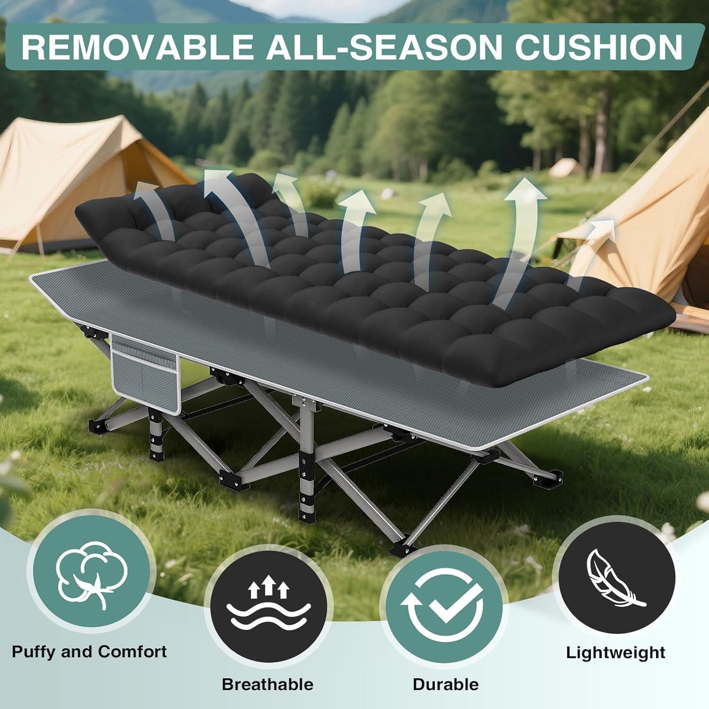 ZENPETIO Camping Cot for Adults, Heavy-Duty Portable Cot Bed with Mattress, Foldable Padded Sleeping Cots for Camping Travel Tent Day Bed Outdoor & Home Guest, Max Load 500 LBS, 75x28x15”