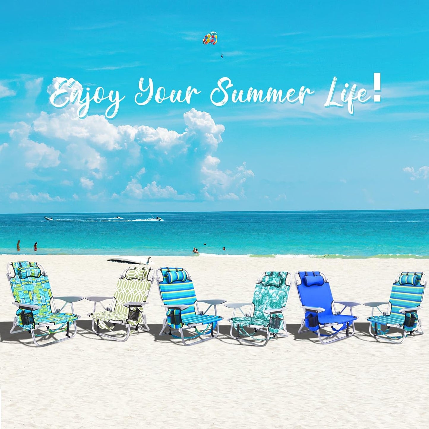 Portable Beach Chair for Adults, Outdoor Camping Chair Lay Flat Folding Backpack Beach Reclining Chair with 5 Positions, Headrest, Cup Holder, Heavy Ocean Striped