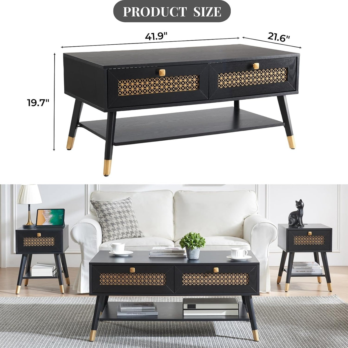 Mid Century Modern Black Coffee Table with Storage Drawers & Open Shelf, Solid Wooden Boho Rectangle Table with Metal Legs Designed for Living Room, Office, Lounge. Black Color with Golden Decor