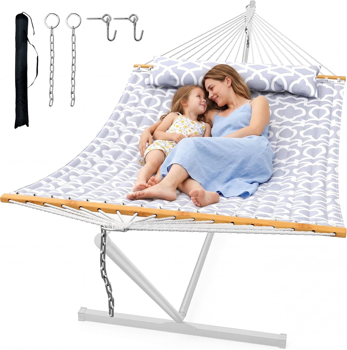 ANAGOO Double Hammock with Stand, Heavy Duty Outdoor Hammock for Two, 500 LBS Capacity, Stable Steel Frame with Balance Strap, Easy Tool-Free Assembly for Patio, Garden, Backyard & Beach,Blue