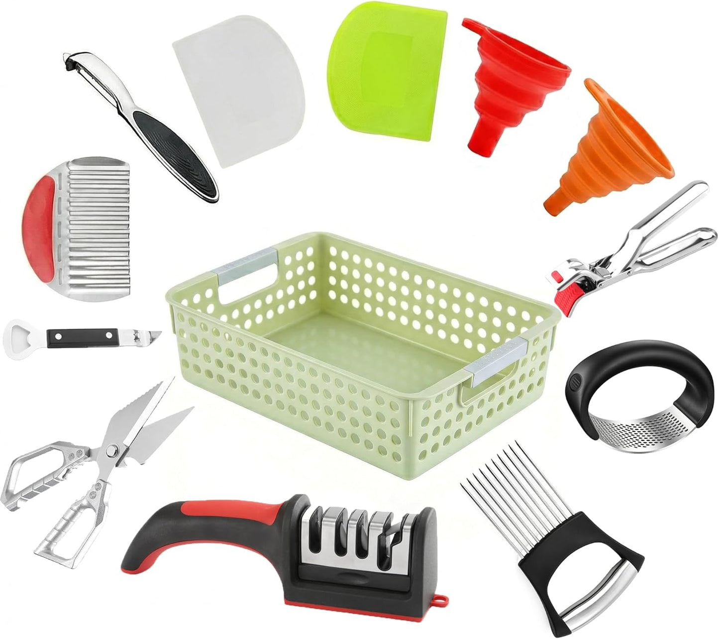 13-Piece Kitchen Gadget Set (Includes Storage Basket) — Features Kitchen Shears, Garlic Press, Knife Sharpener, Julienne Peeler, Standard Peeler, Anti-Scald Tongs, and Bottle Opener — A Home Essential